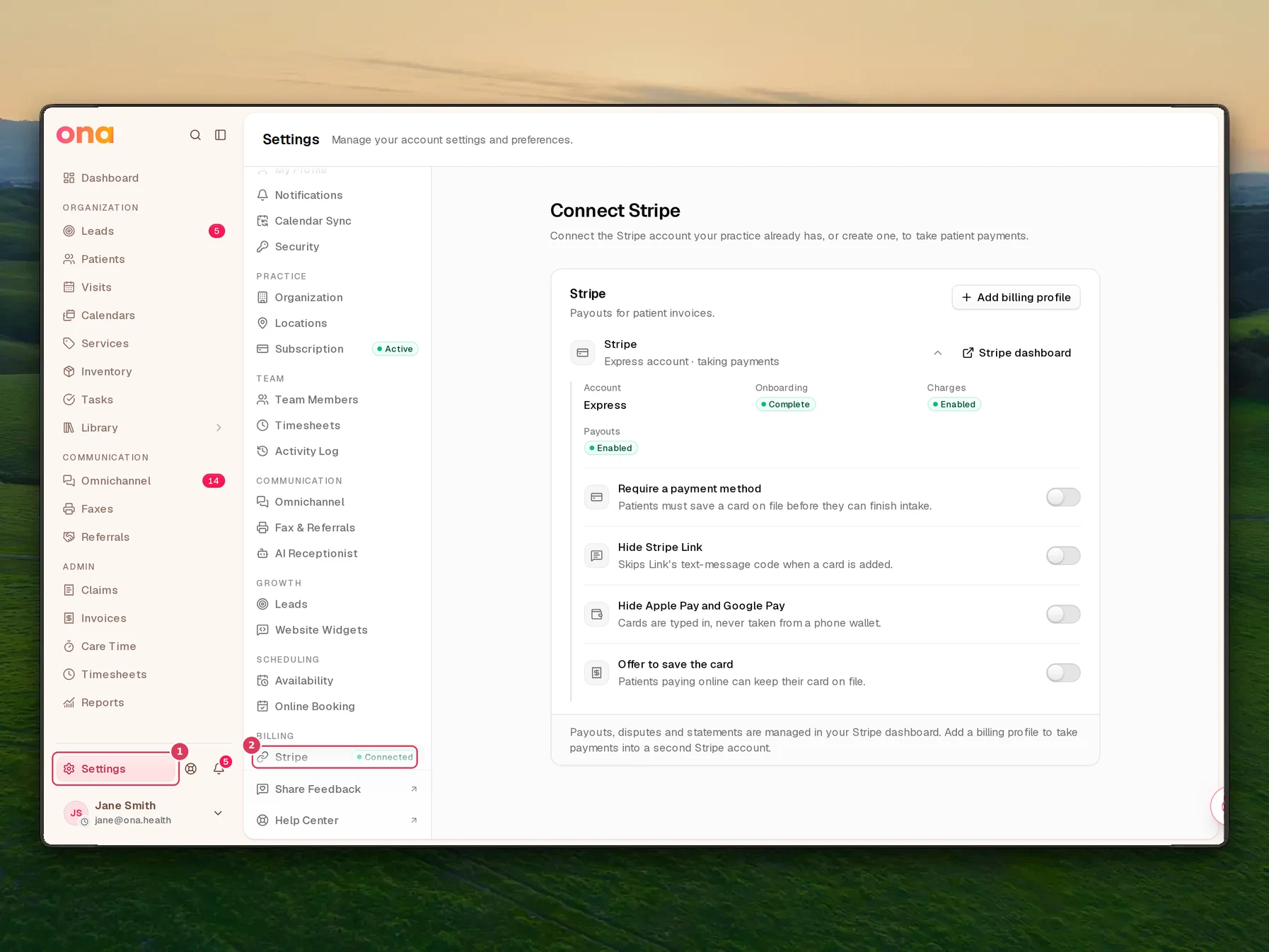 The Settings page is open with Settings in the left sidebar and the Stripe link highlighted under Billing in the settings menu.