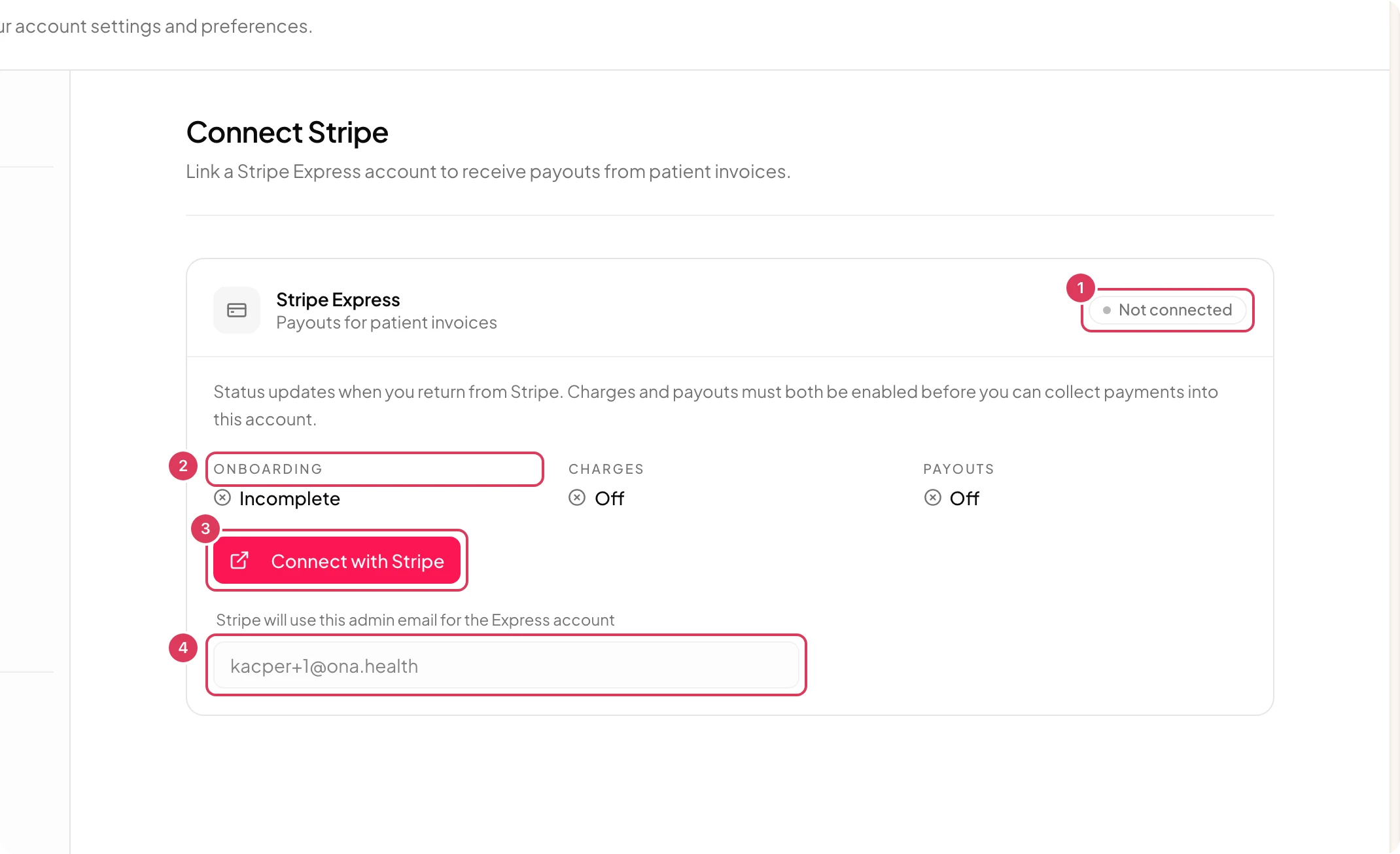 The Stripe Express connection card shows the account state, onboarding, charges and payouts details, the available Stripe action button, and the read-only admin email field.