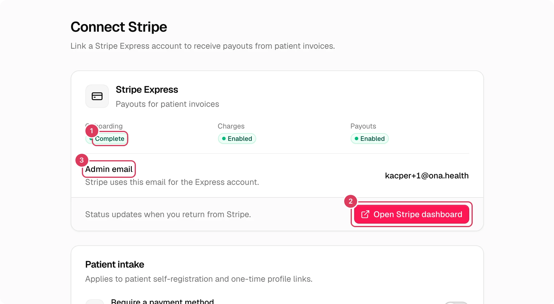 The Stripe connection card is open and shows a connected account, the admin email section, and the Open Stripe dashboard button.