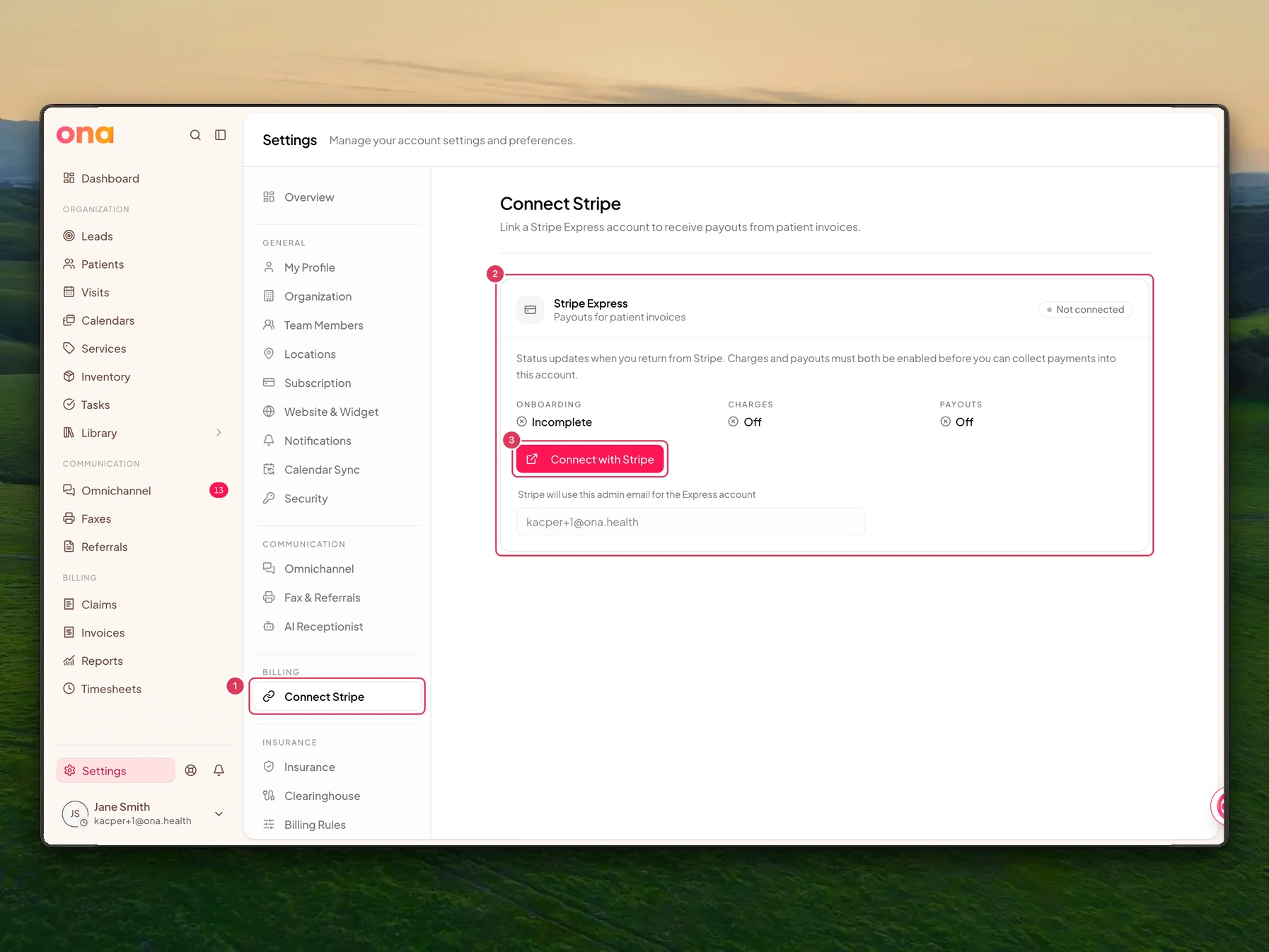 The Connect Stripe settings page is open, showing the Stripe Express status card with onboarding incomplete, charges off, payouts off, and a Connect with Stripe button.