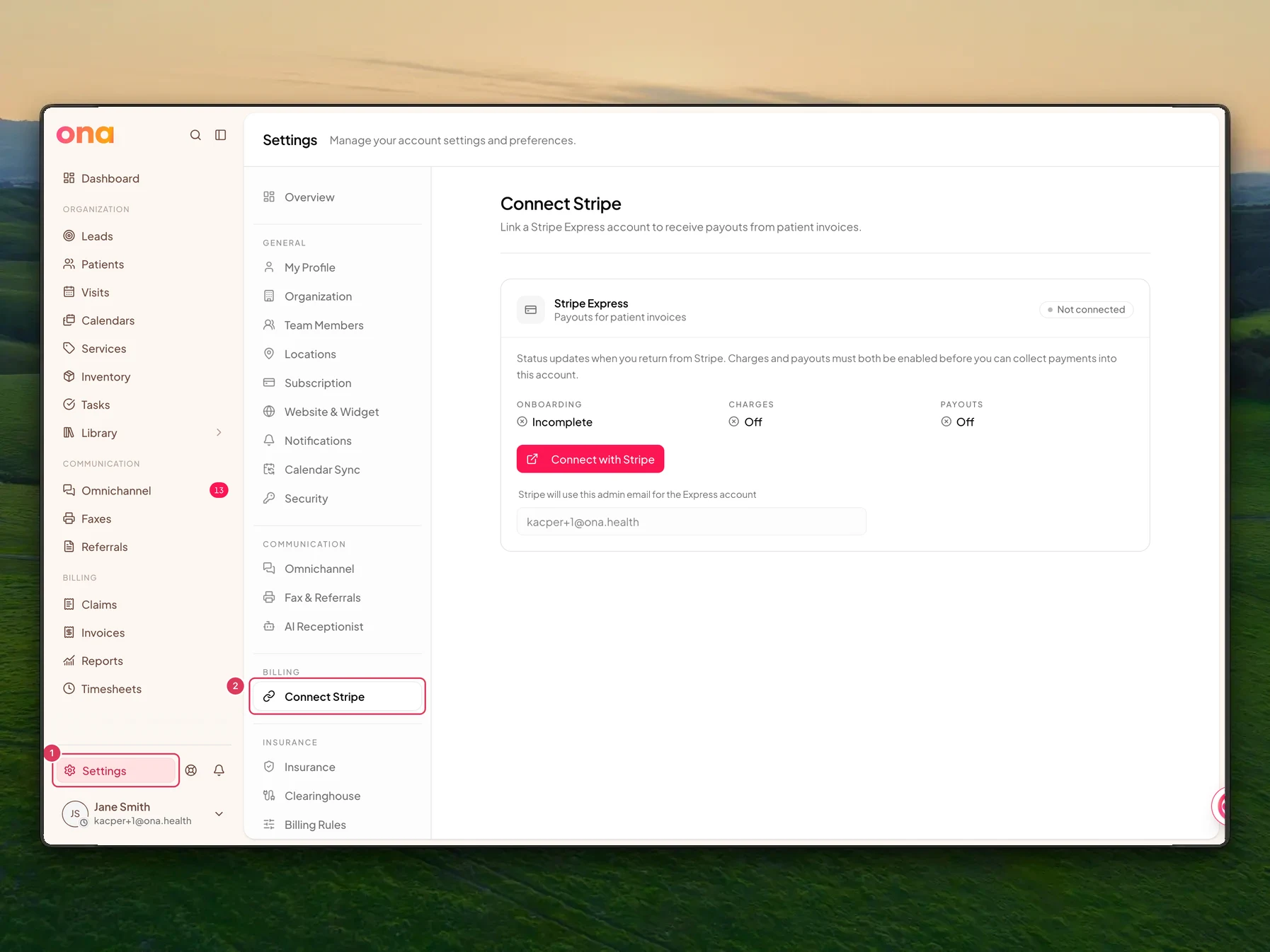 The Connect Stripe settings page is open with Settings in the main sidebar and Connect Stripe in the settings menu highlighted.