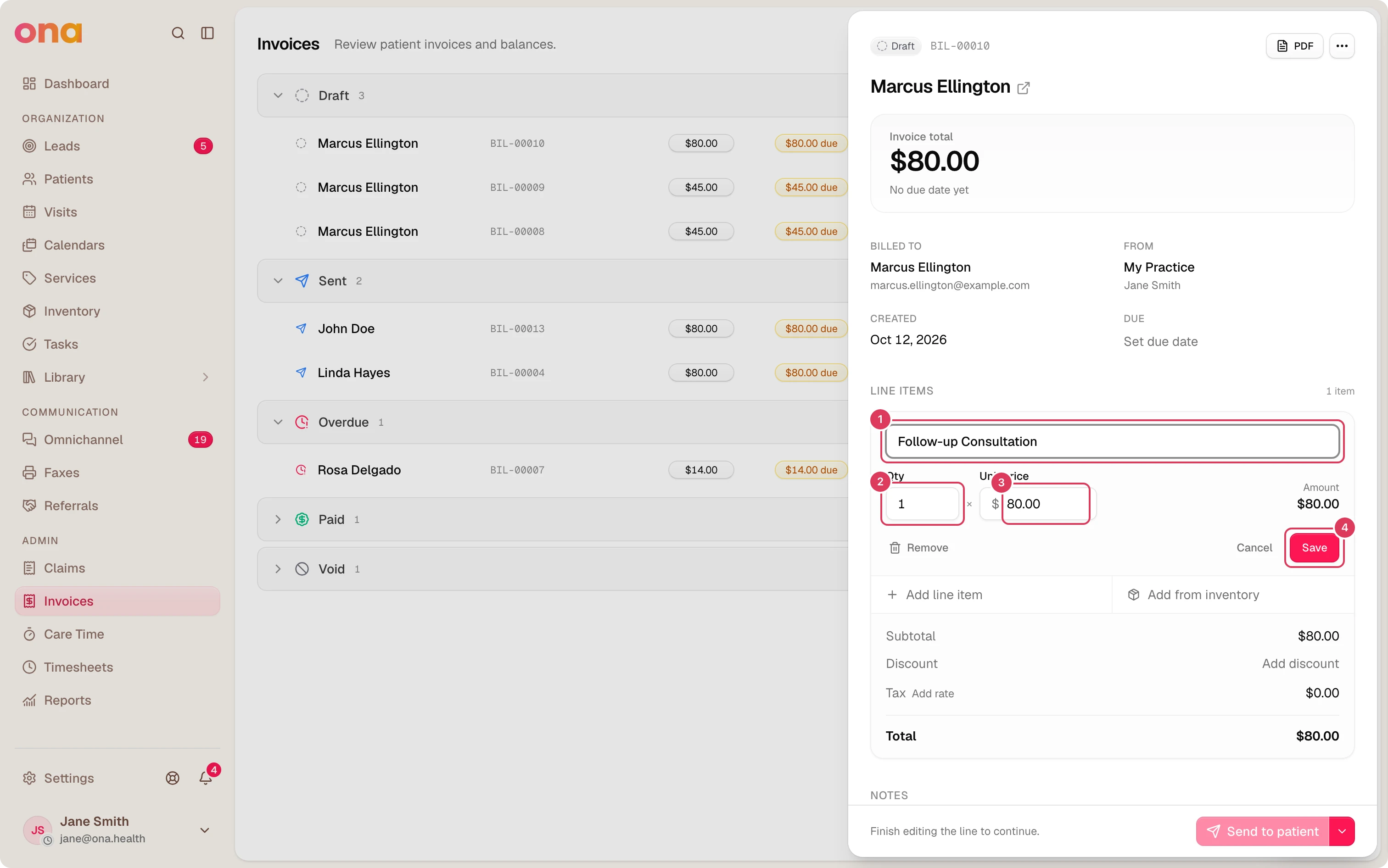 A draft invoice line editor is open for Invoice BIL-00010, showing the description, quantity, unit price, calculated amount, and Save and Cancel controls for editing the patient’s billed line item.