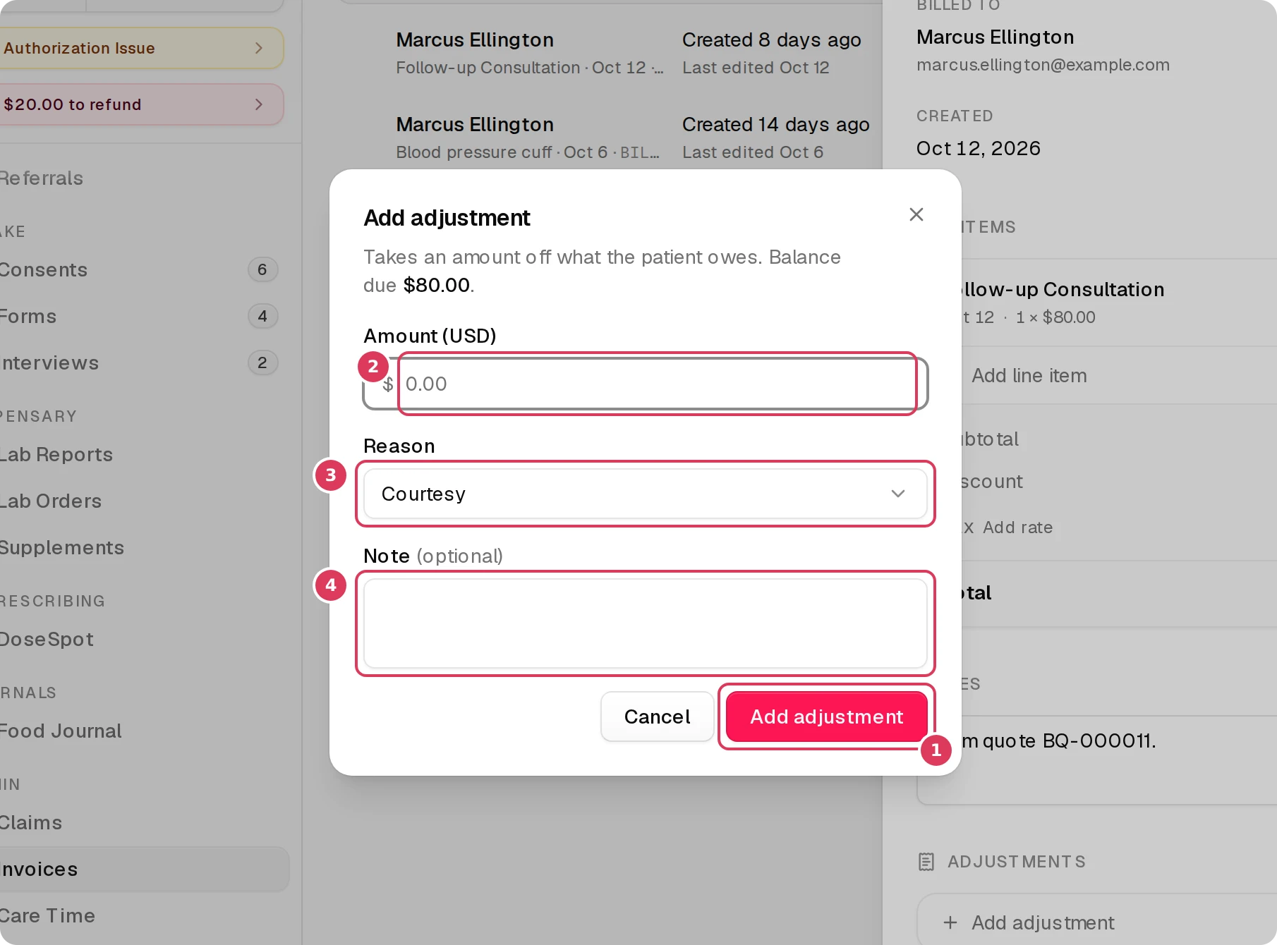 The Add adjustment dialog is open with the amount field, reason selector, note field, and Add adjustment button visible.