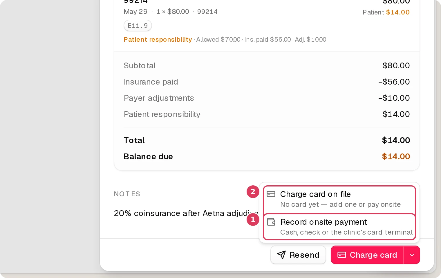 An invoice detail dialog for Rosa Delgado is open with the More payment options menu expanded, showing Record onsite payment and Charge card on file, while the invoice header also shows Balance due, Pay link, and Resend controls.
