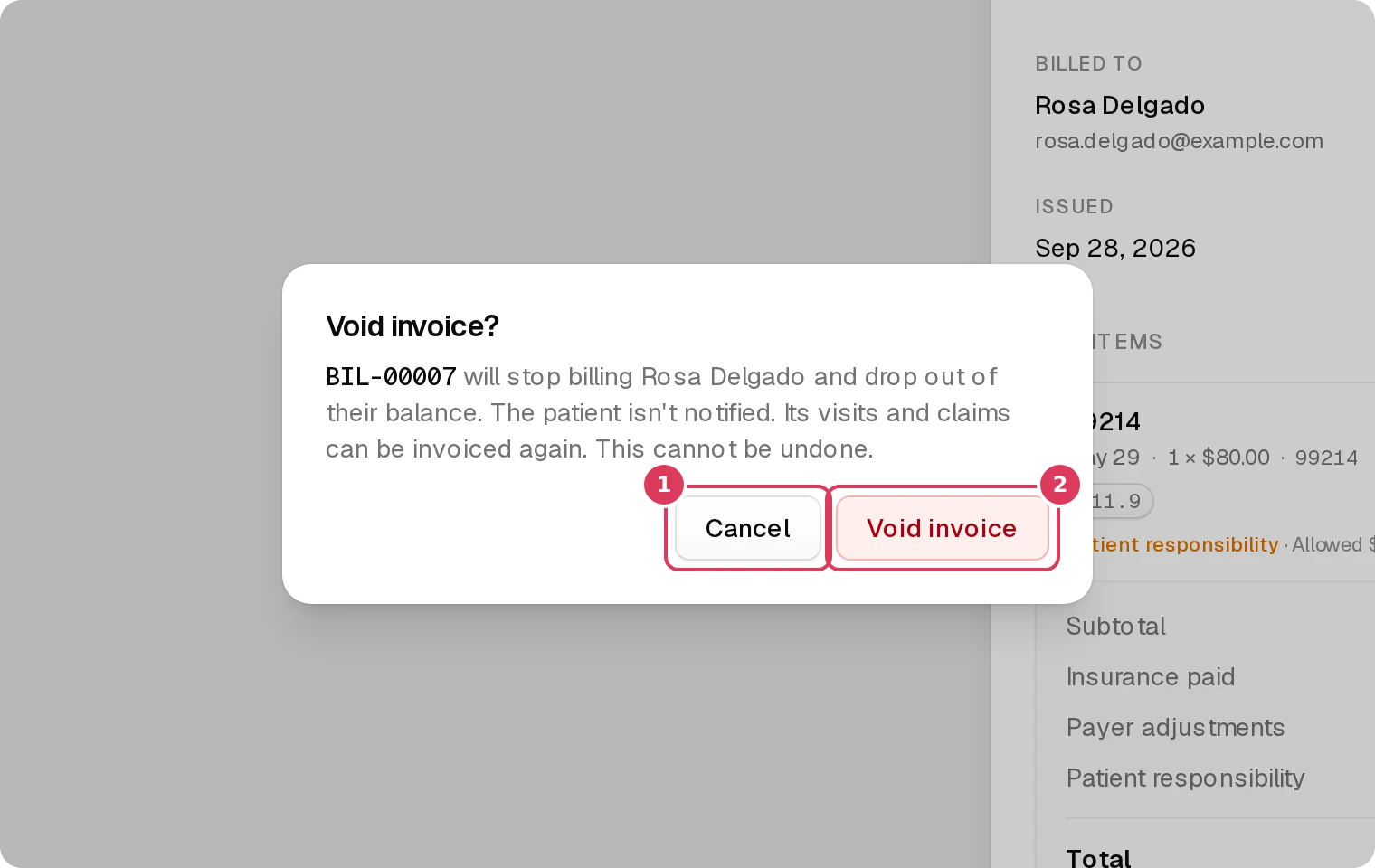A confirmation dialog titled "Void invoice?" is open over the invoice detail sheet, with Cancel and Void invoice buttons at the bottom.