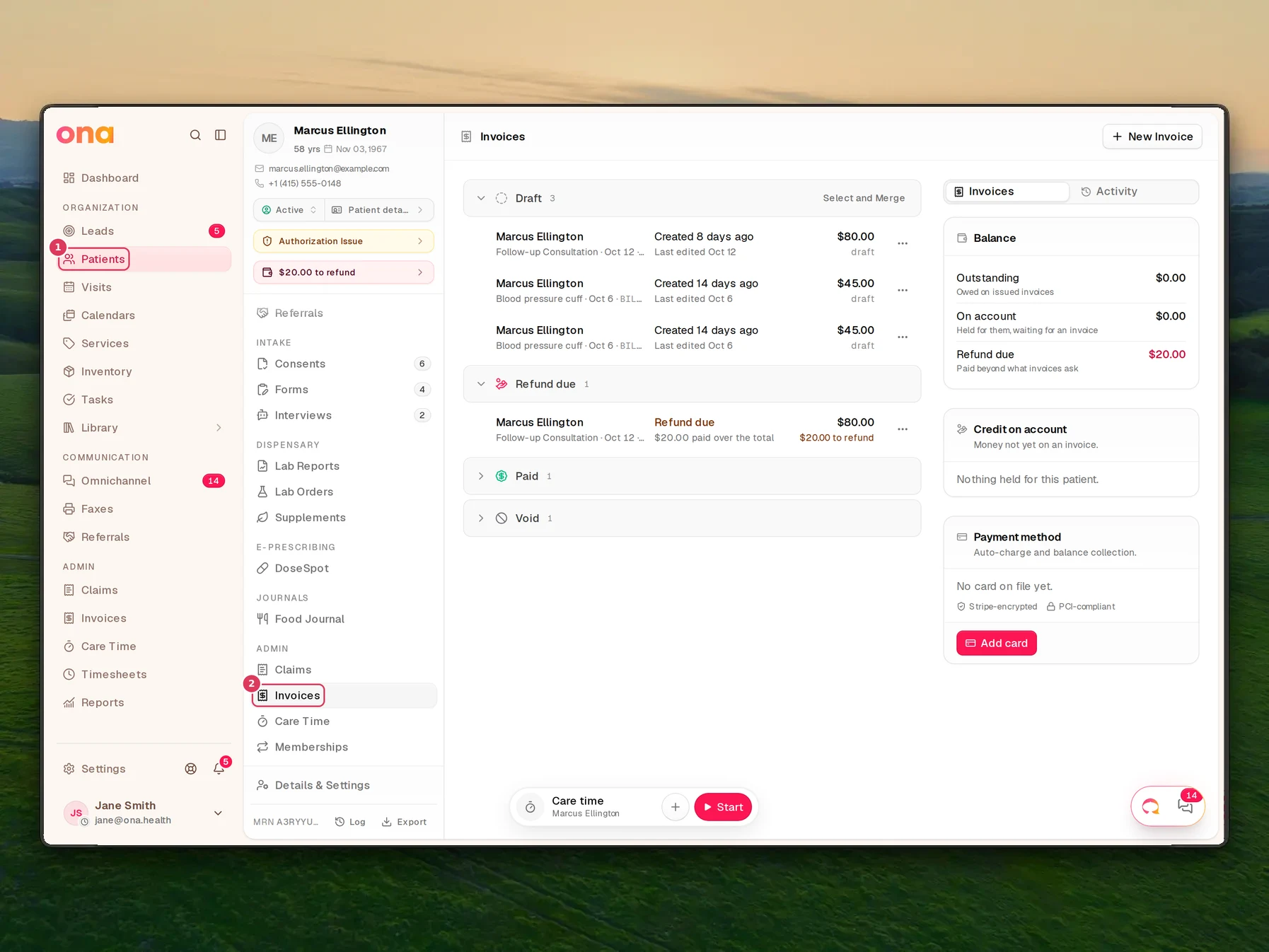 Marcus Ellington's chart is open on the Invoices section, with the Patients link in the left sidebar and the patient sidebar showing the active Invoices link under Billing.