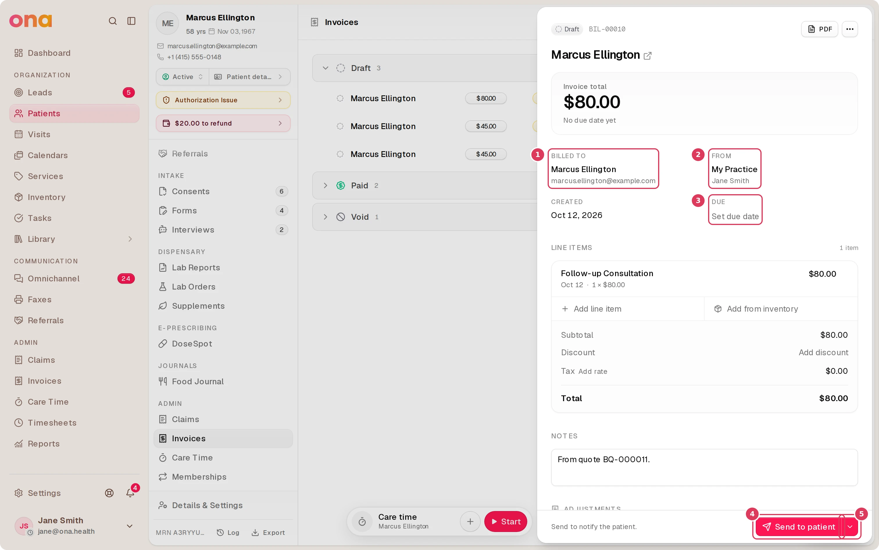 An invoice detail dialog is open for draft invoice BIL-00010 for Marcus Ellington, showing Billed to, From, and Due above the line items, with Send to patient and More options at the bottom.