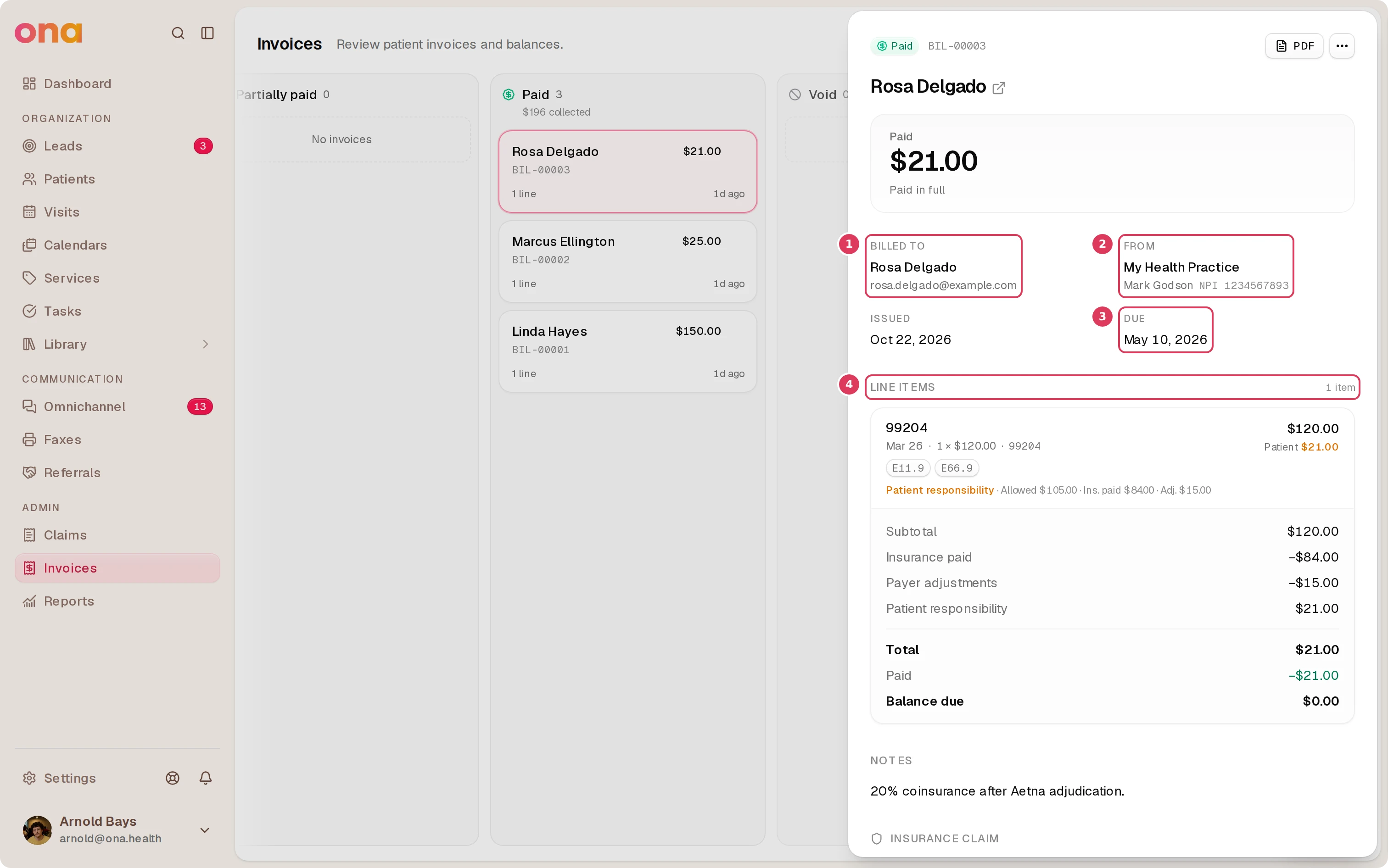 An invoice detail dialog is open for Invoice BIL-00003, showing the billed-to section, from details, issued and due dates, a line items area with insurance responsibility text, totals, notes, an insurance claim section, and payments.