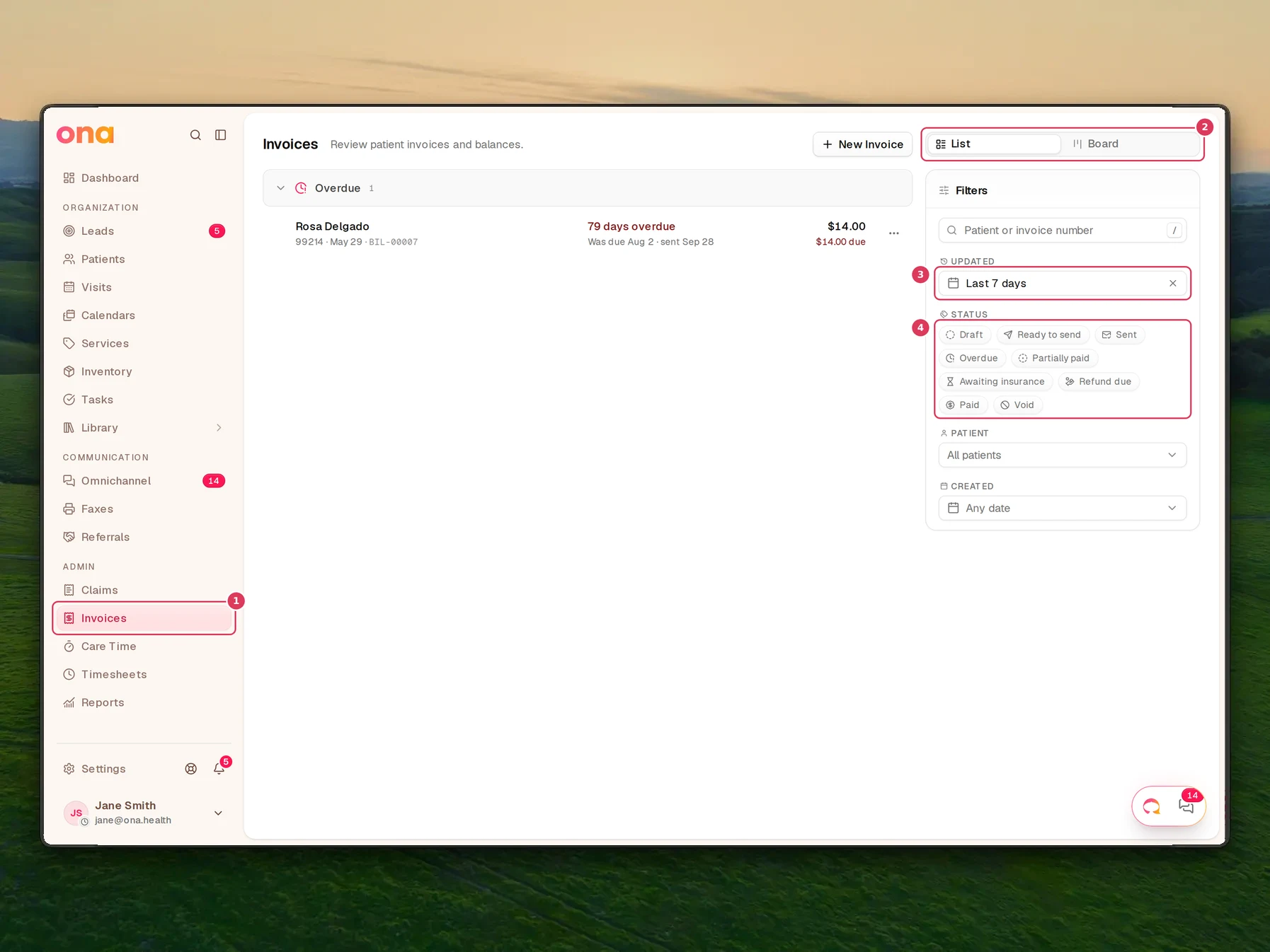 The Invoices page is open with the Invoices link highlighted in the left sidebar, the List and Board view toggle in the header, and the Filters panel on the right with Updated and Status controls visible.