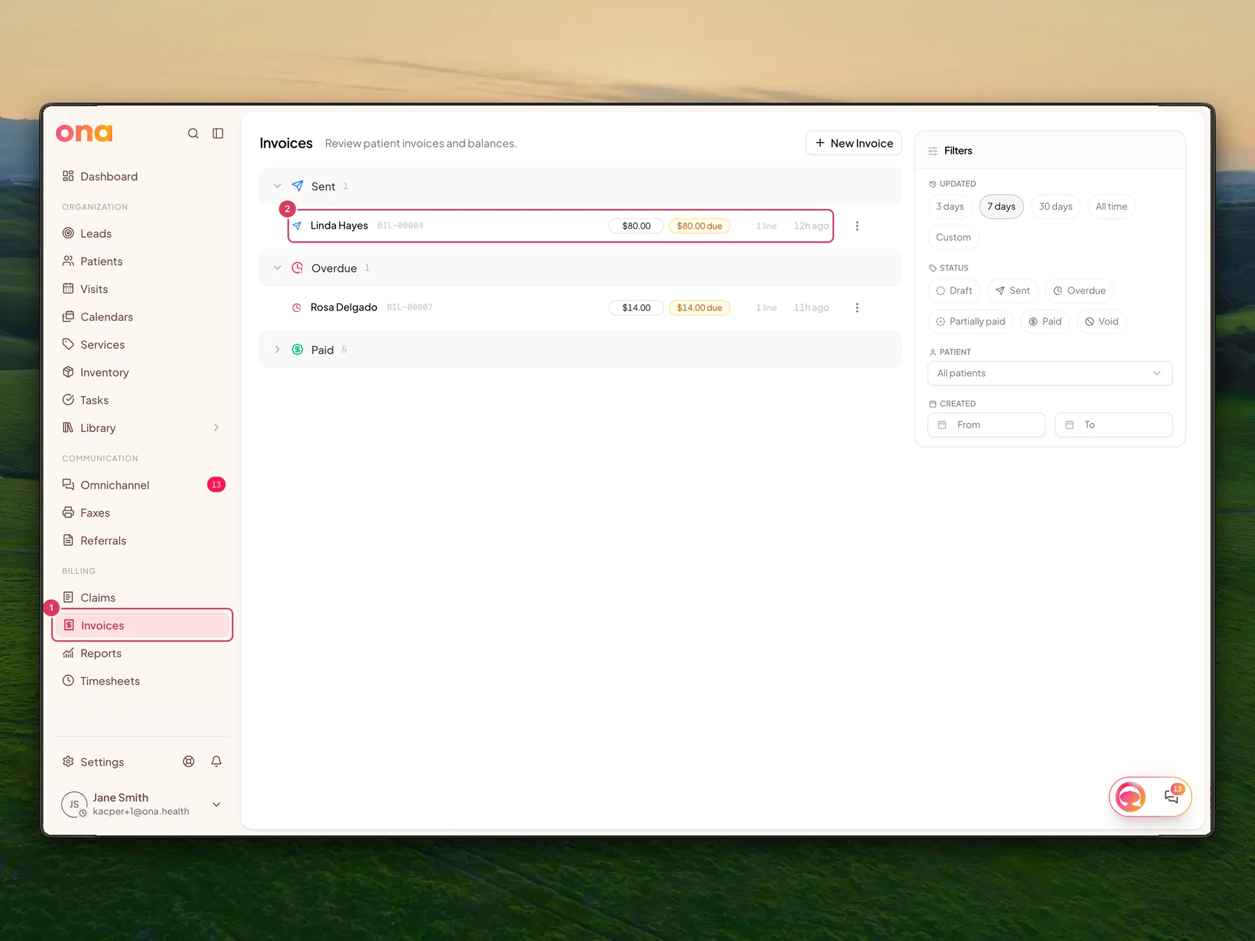 The Invoices page is open from the left sidebar, with the Invoices navigation item and a Linda Hayes invoice row highlighted.