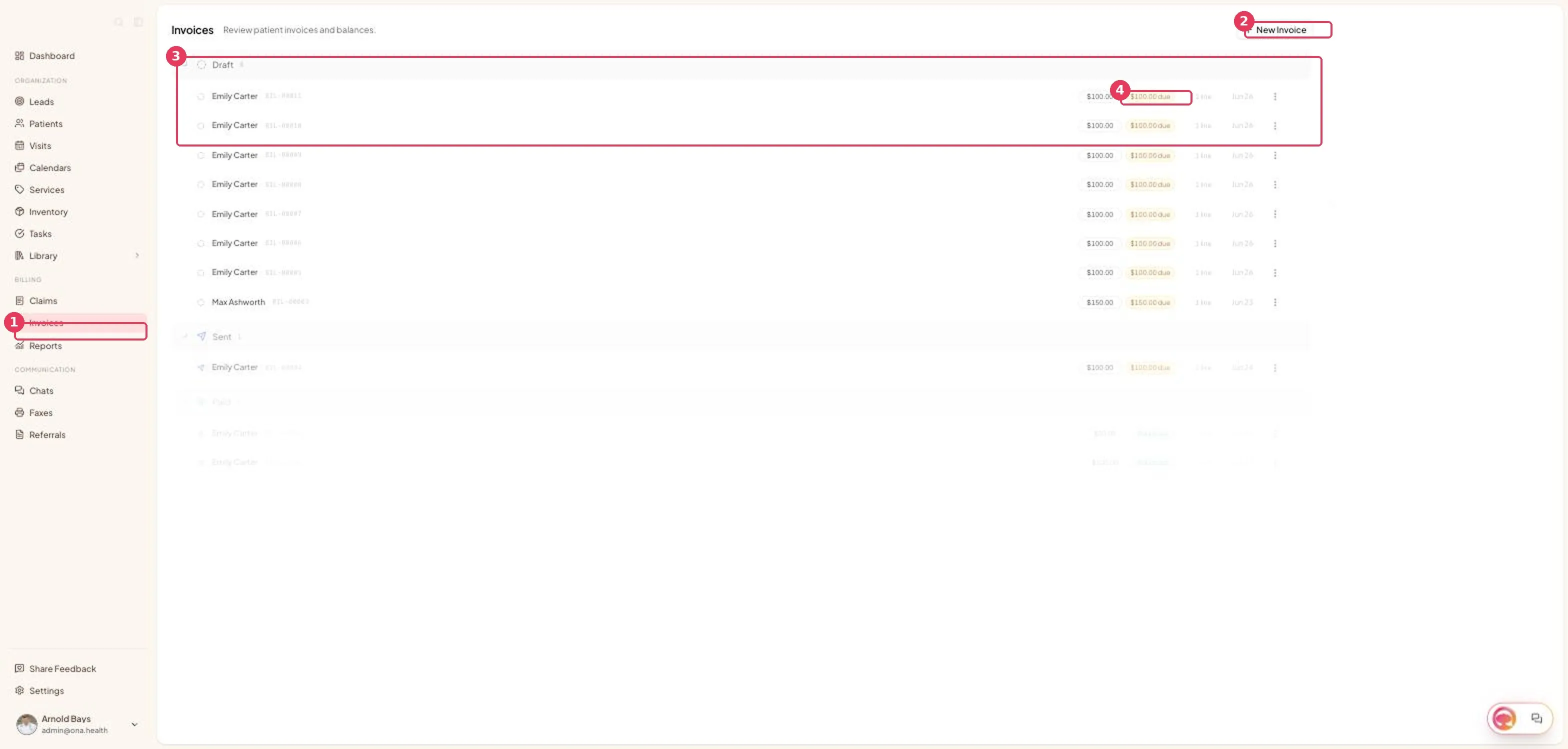 The Invoices page shows invoices grouped by status with filters beside the list.