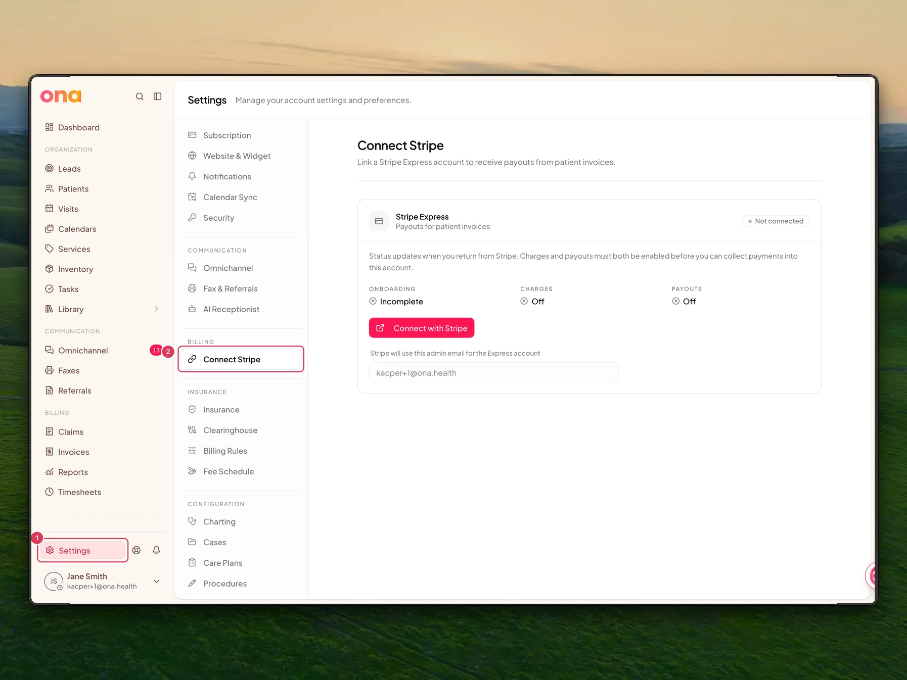 The Connect Stripe settings page is open with Settings in the left sidebar and Connect Stripe in the settings menu highlighted as the place to verify billing readiness for memberships.