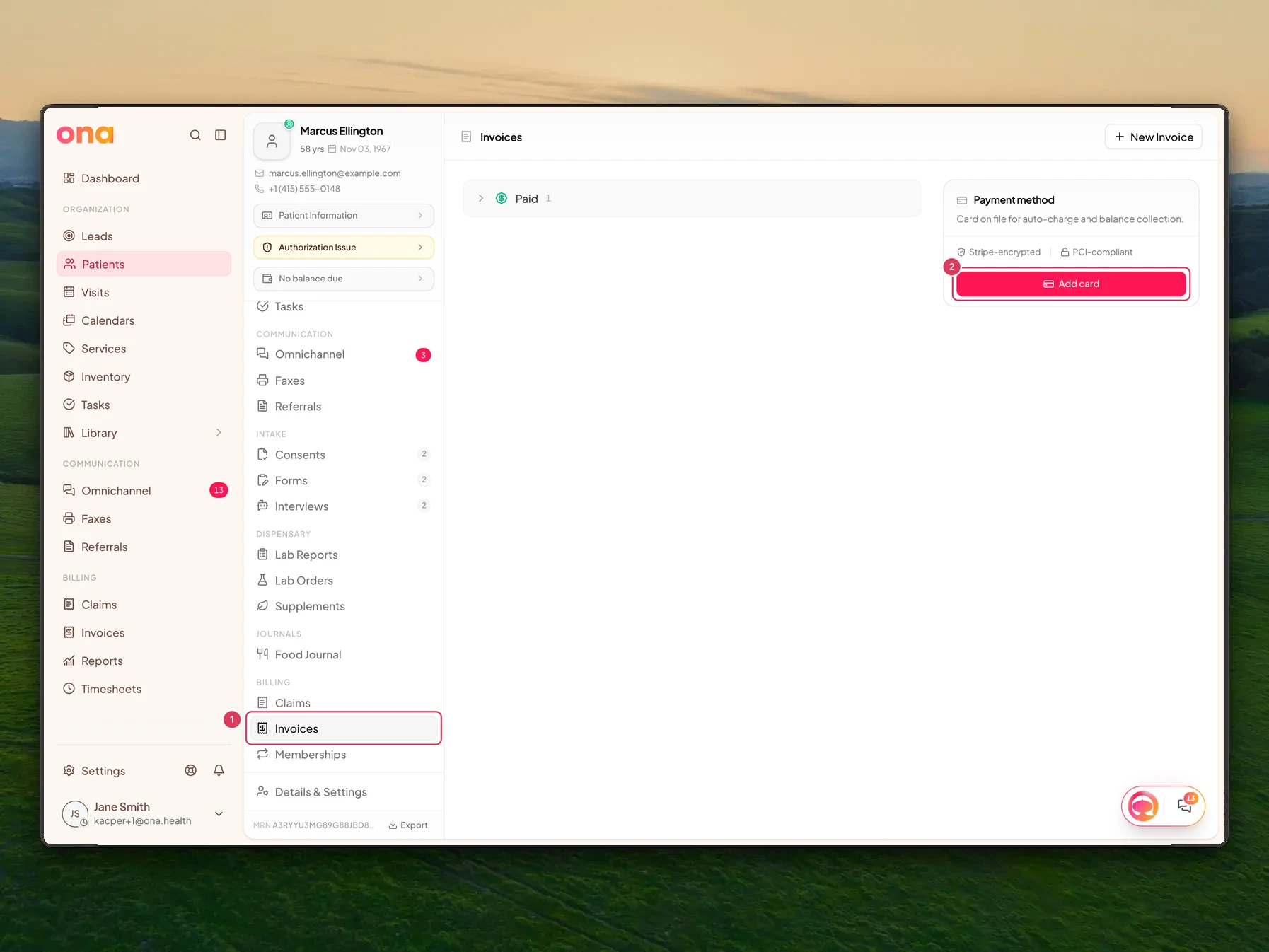 Marcus Ellington's patient chart is open on the Invoices tab, with the Invoices chart item and the Add card button in the Payment method section highlighted.