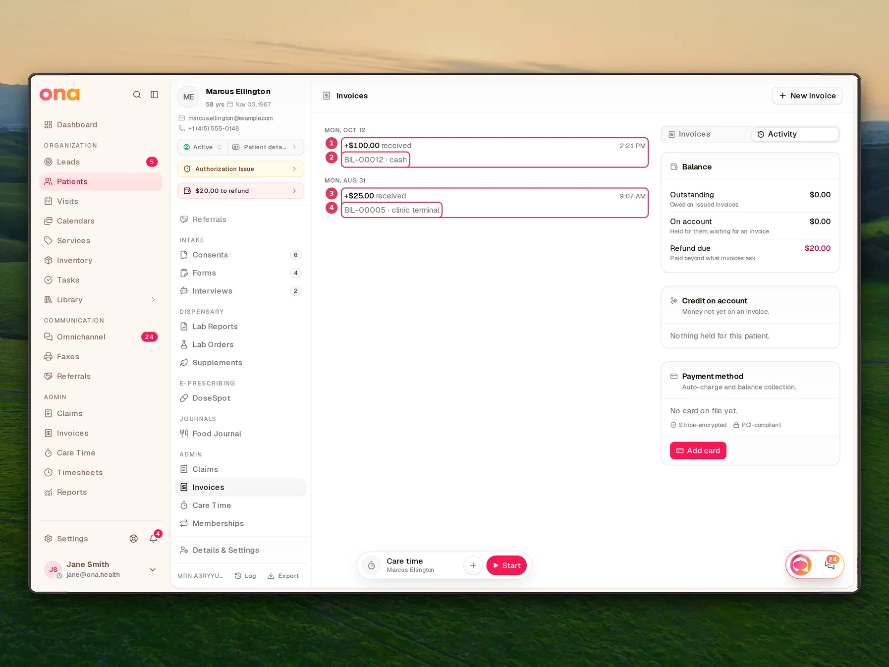The patient's Billing page is open with the Activity view selected, showing money activity grouped by day with each item displayed as an amount and action plus a detail line underneath.