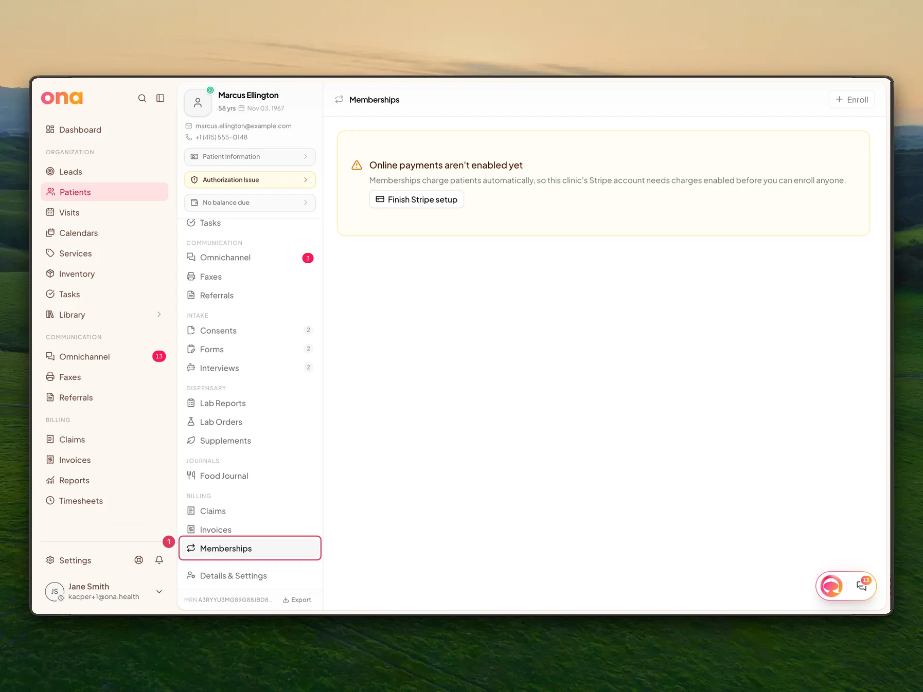 Marcus Ellington's patient chart is open on the Memberships tab, with the Memberships item highlighted in the patient sidebar.