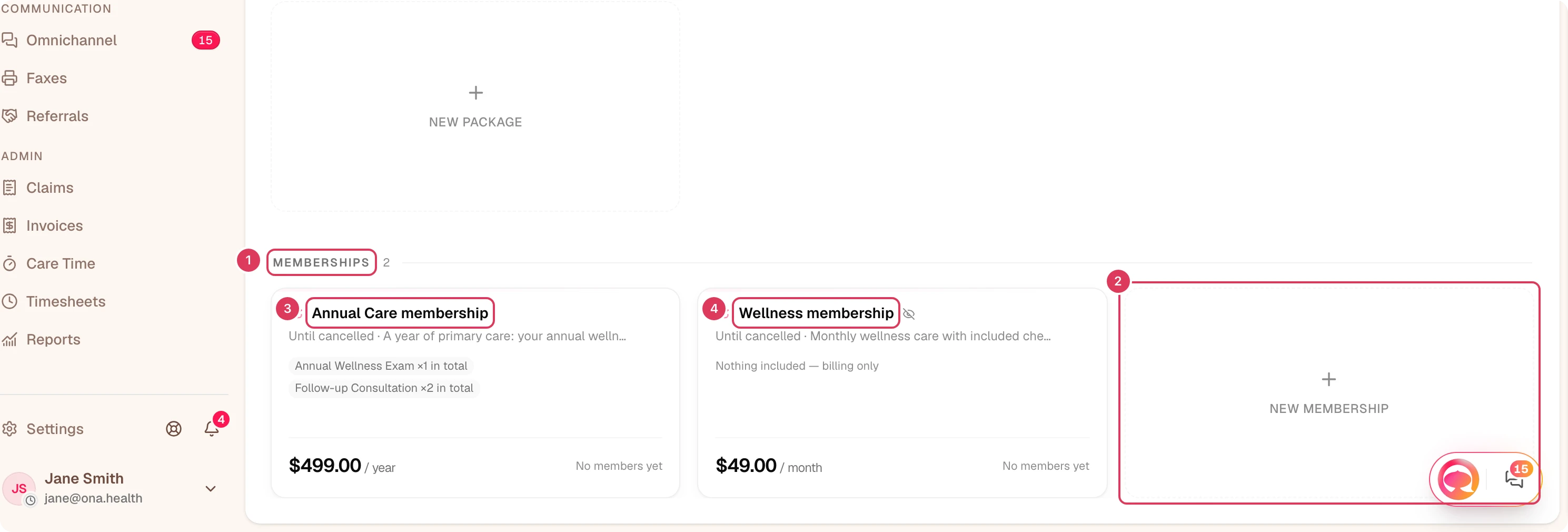 The Services page is open with the Memberships section visible, including the New membership button and the existing membership plan cards that patients can join.