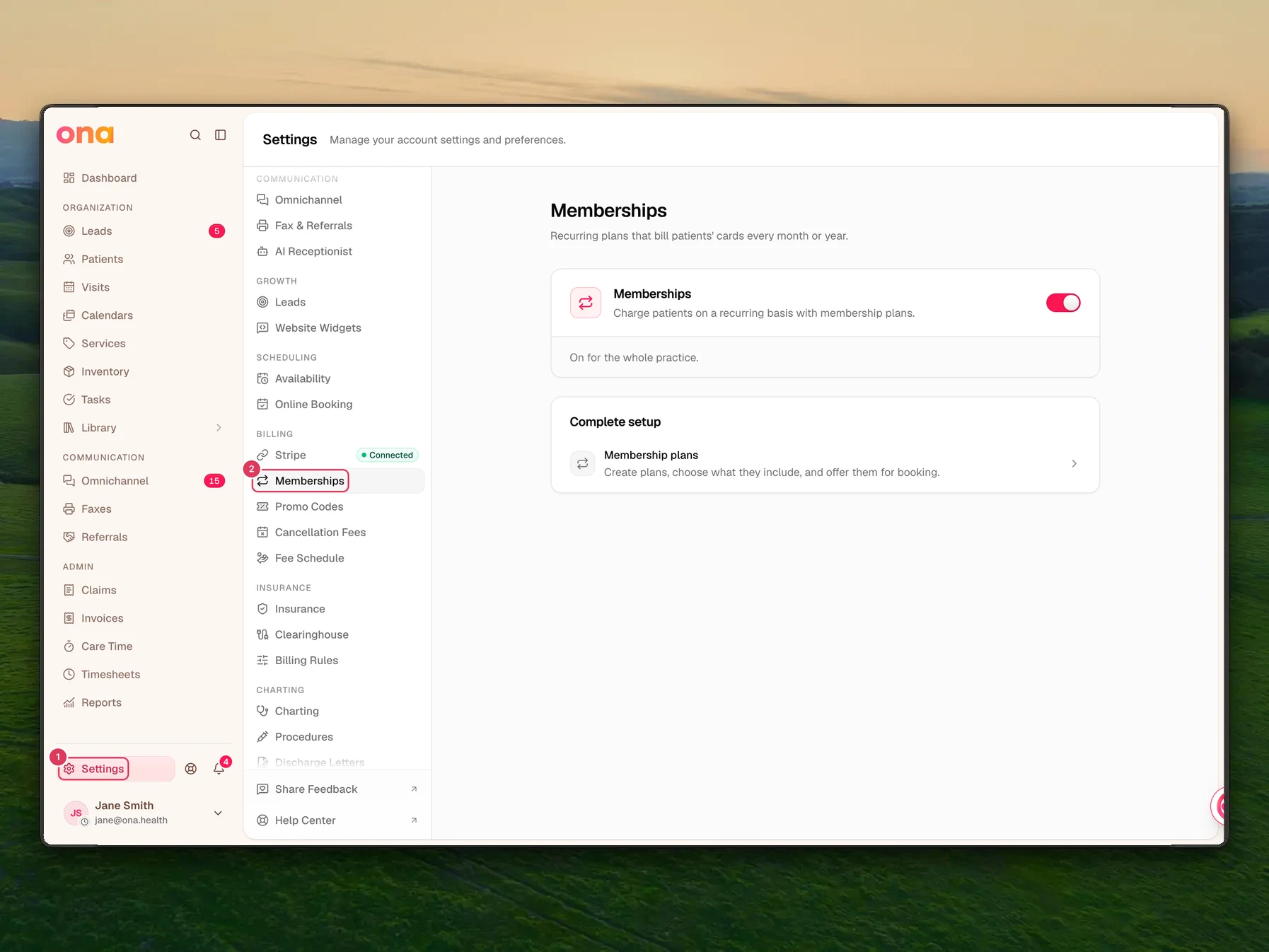 The Settings page is open with the Settings link highlighted in the left sidebar, the Memberships item visible in the Billing section of the settings menu, and the memberships switch shown in the main panel.