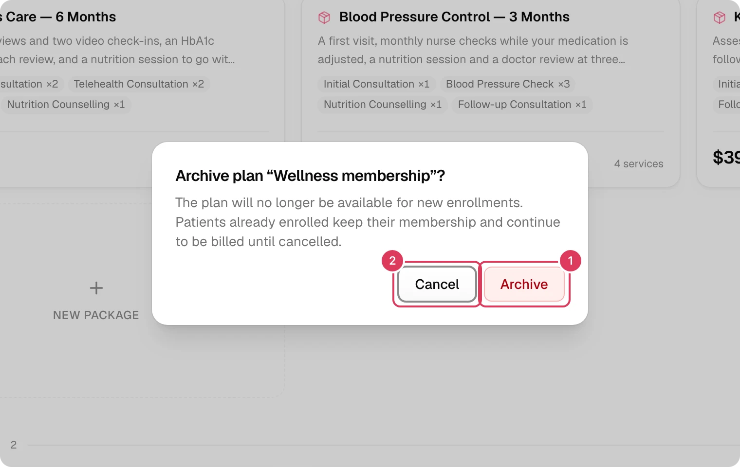 An archive confirmation dialog is open over the Services page, with Archive and Cancel buttons that confirm or dismiss stopping the plan for new enrollments.
