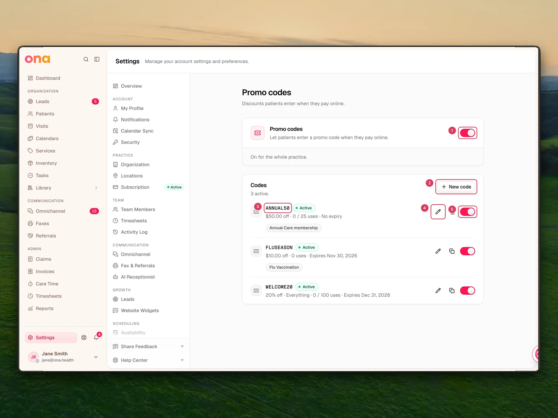 The Settings > Promo codes page is open, showing a practice-wide Promo codes switch at the top and a Codes section below with a New code button and existing promo codes such as ANNUAL50, each with edit and on/off controls.