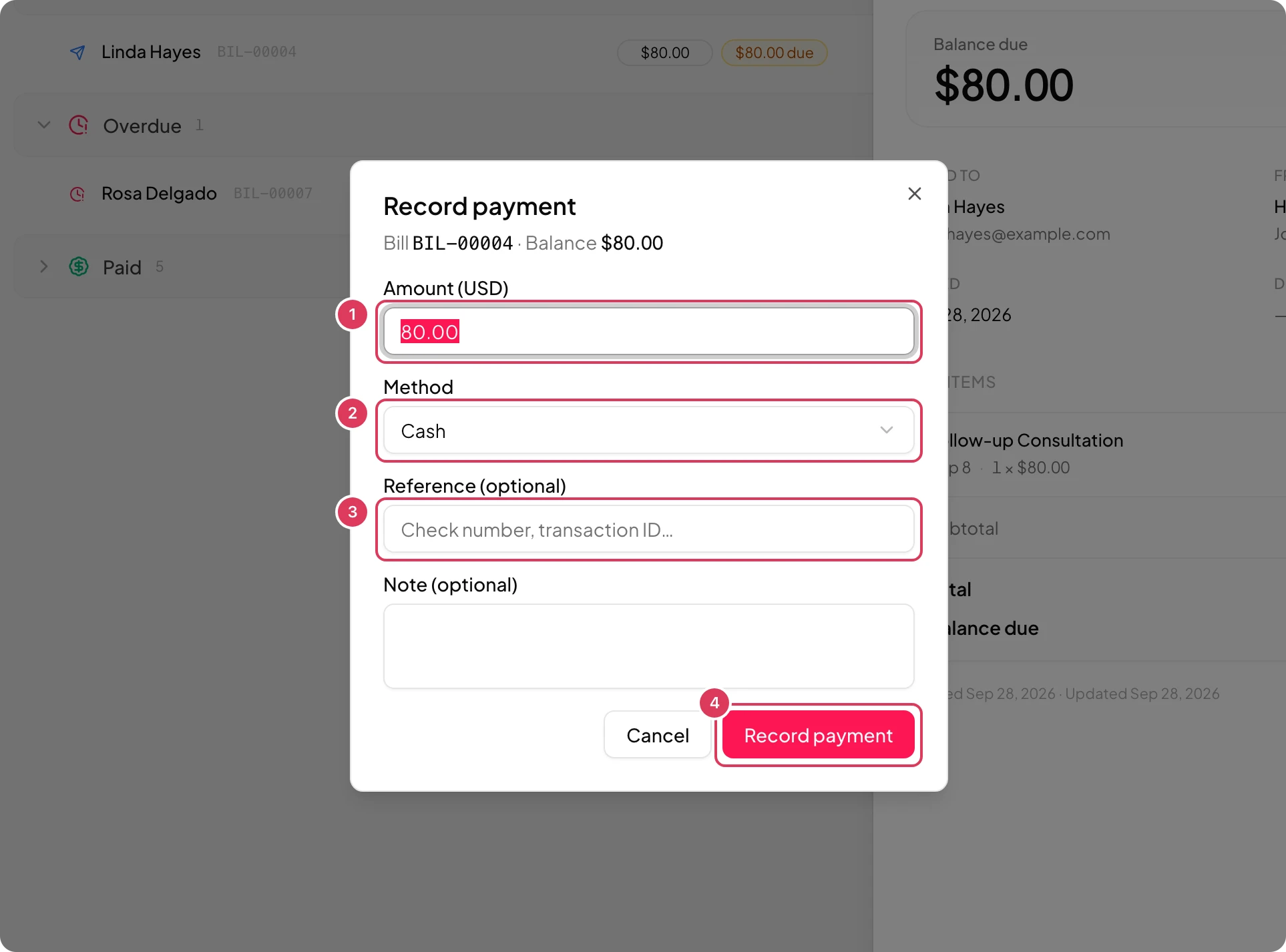 The Record payment dialog is open from an invoice, with fields for the amount, method, reference, and note, and the Record payment button visible before saving.