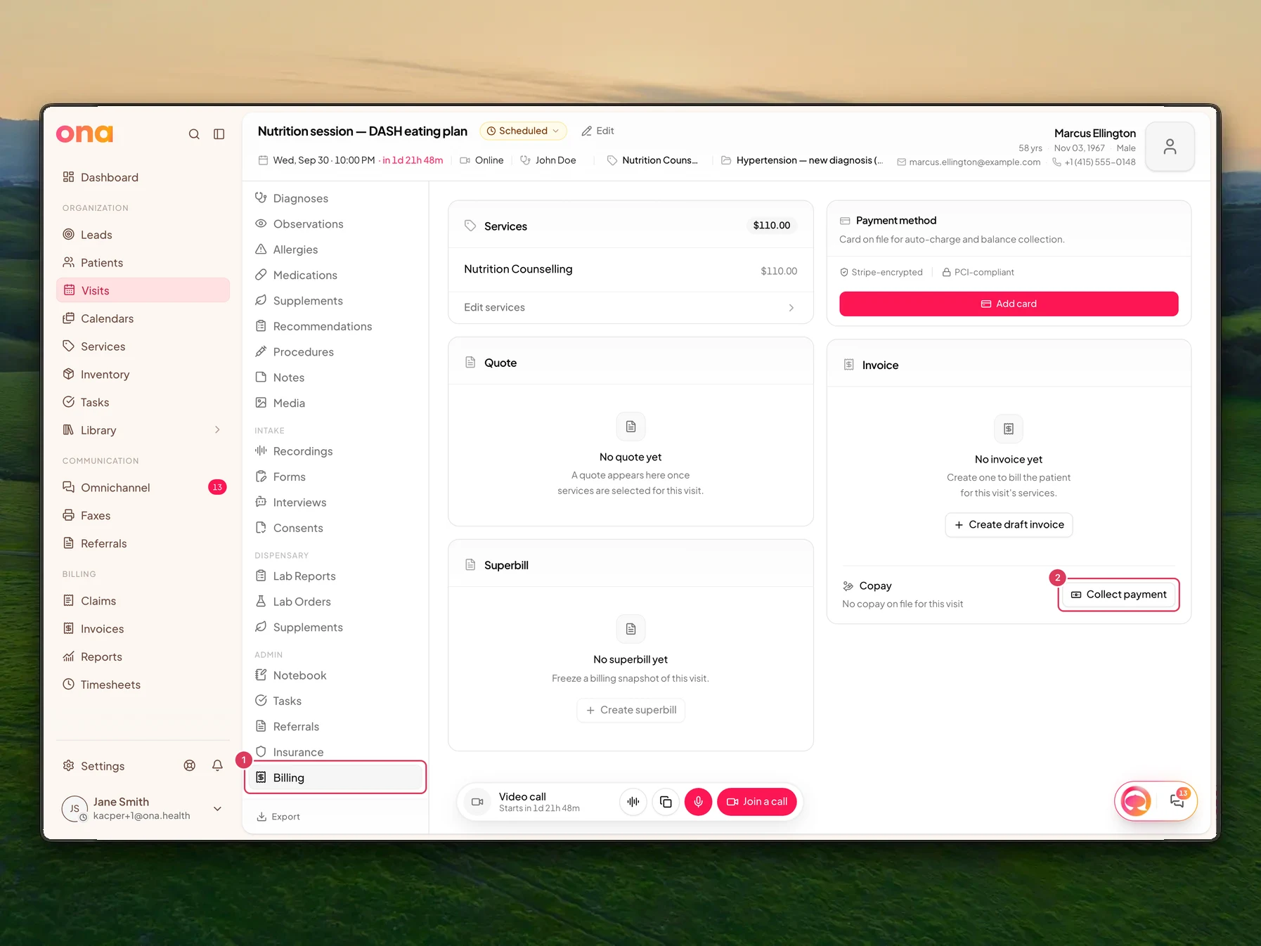 Marcus Ellington's visit is open on the Billing section, with the Billing visit section and Collect payment button highlighted.