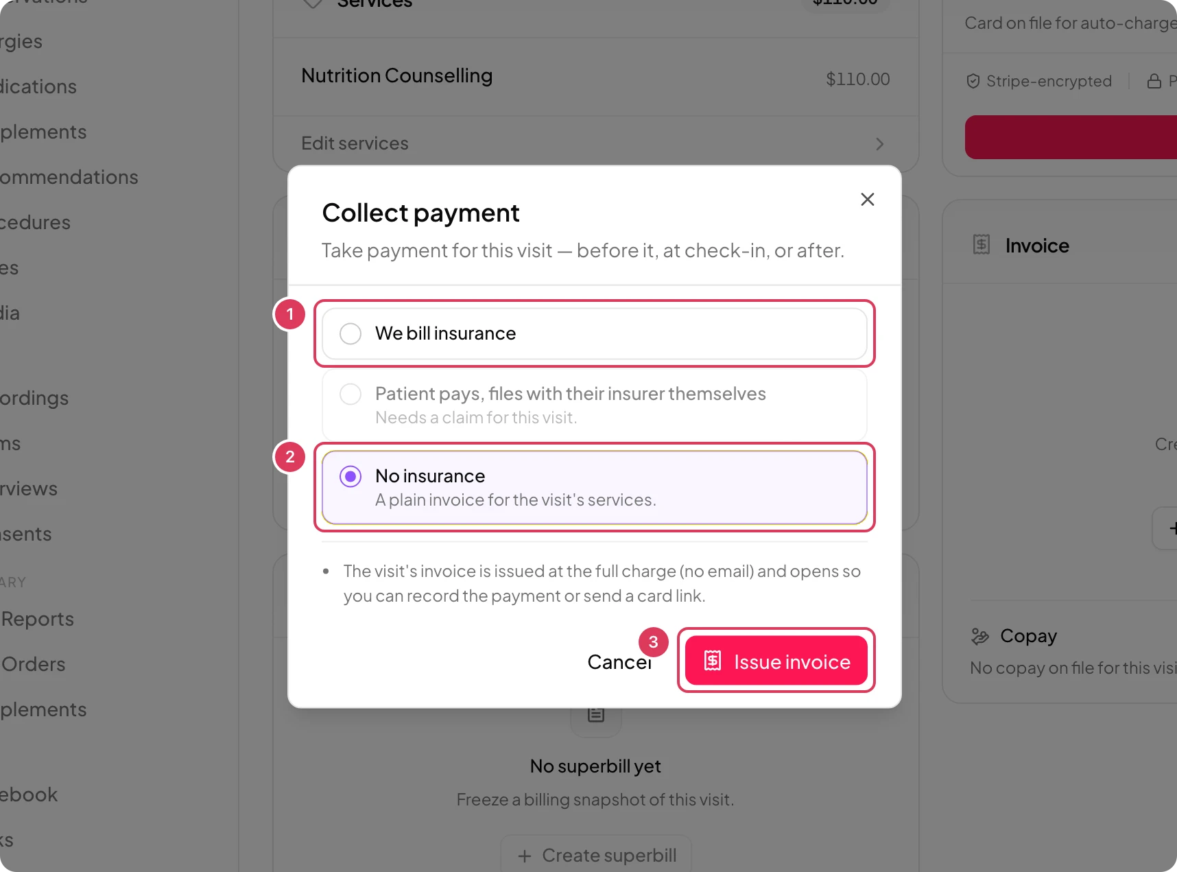 The Collect payment dialog is open on the Billing visit section, showing choices for billing insurance or issuing a plain invoice and the Issue invoice button.