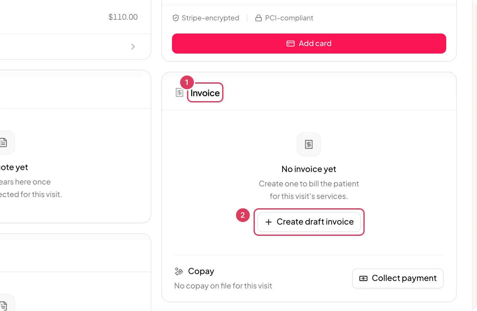 A zoomed view of the visit Billing page shows the Invoice area with the no-invoice message and the Create draft invoice button highlighted.