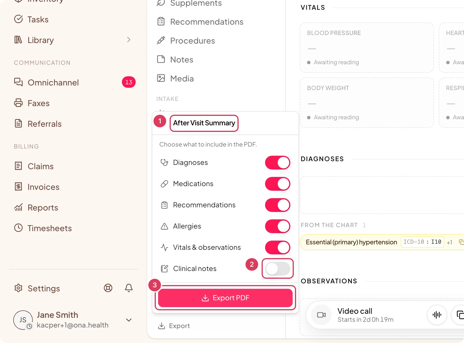The After Visit Summary export dialog is open, showing switches for included sections and the Export PDF button.