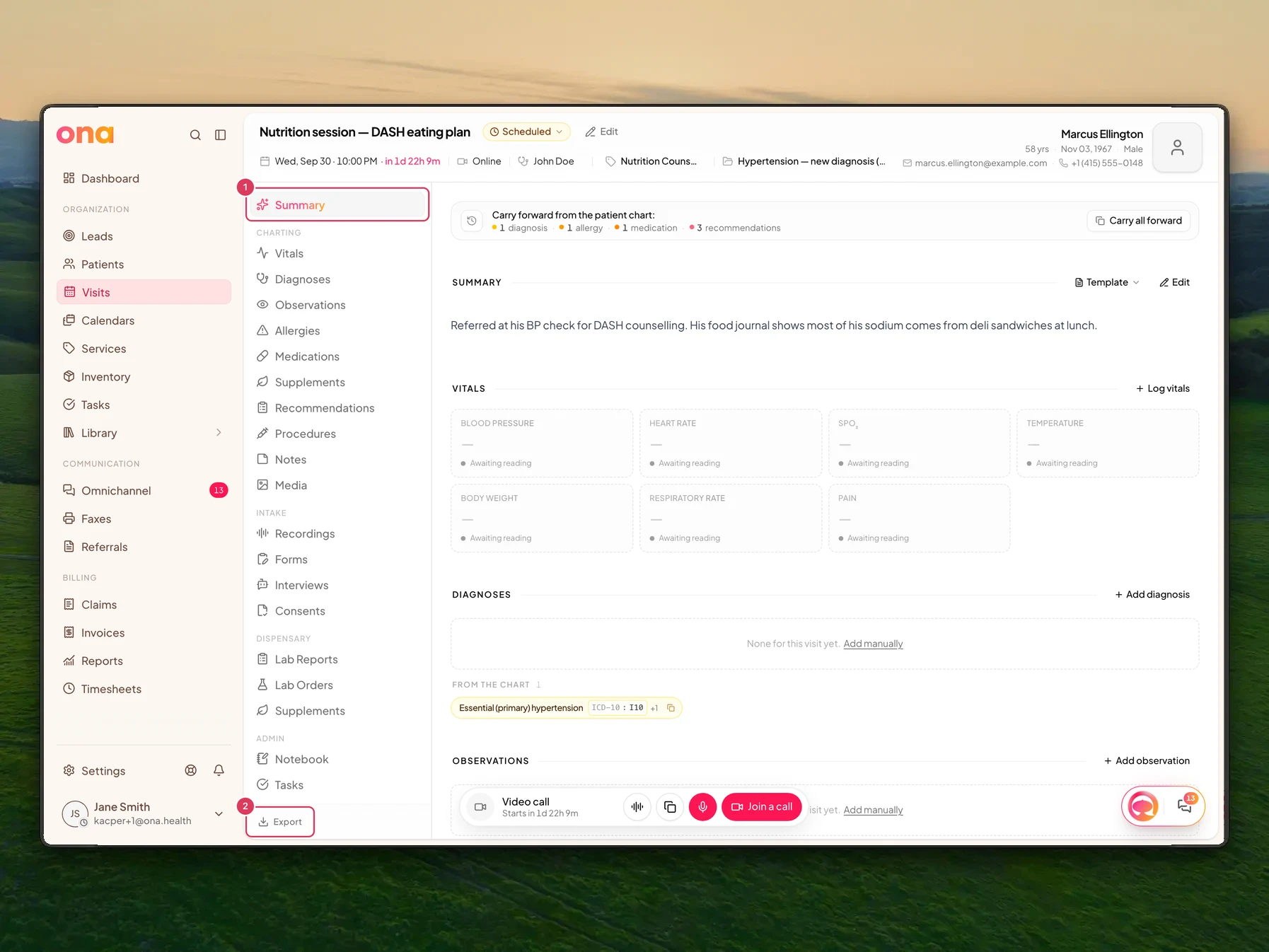 Marcus Ellington's in-progress visit is open on the Summary section with the Summary navigation button and the Export visit button highlighted.