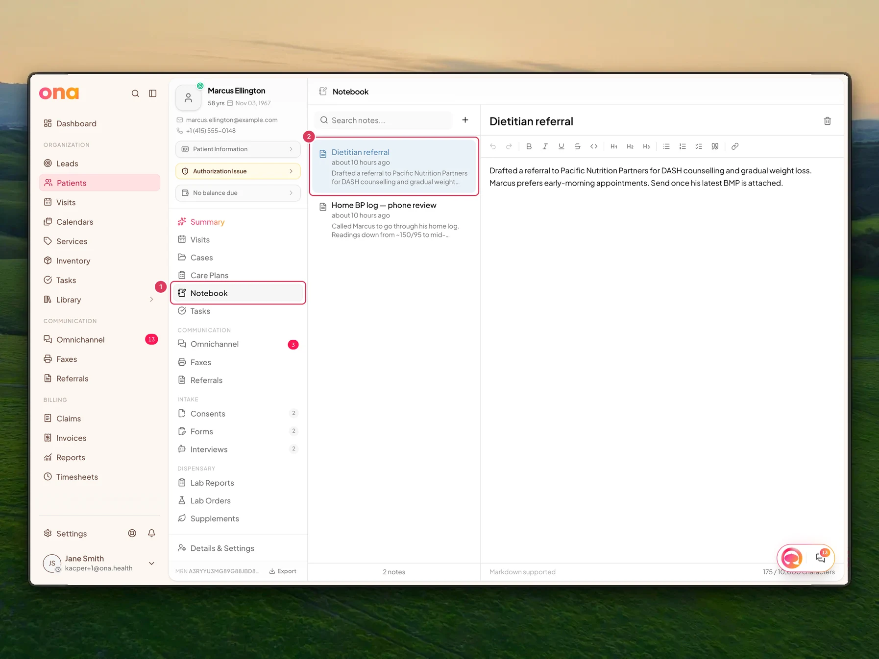 Marcus Ellington's chart is open on Notebook with the Notebook navigation item highlighted, the Dietitian referral draft note selected in the notes list, and the note content visible in the reading pane.