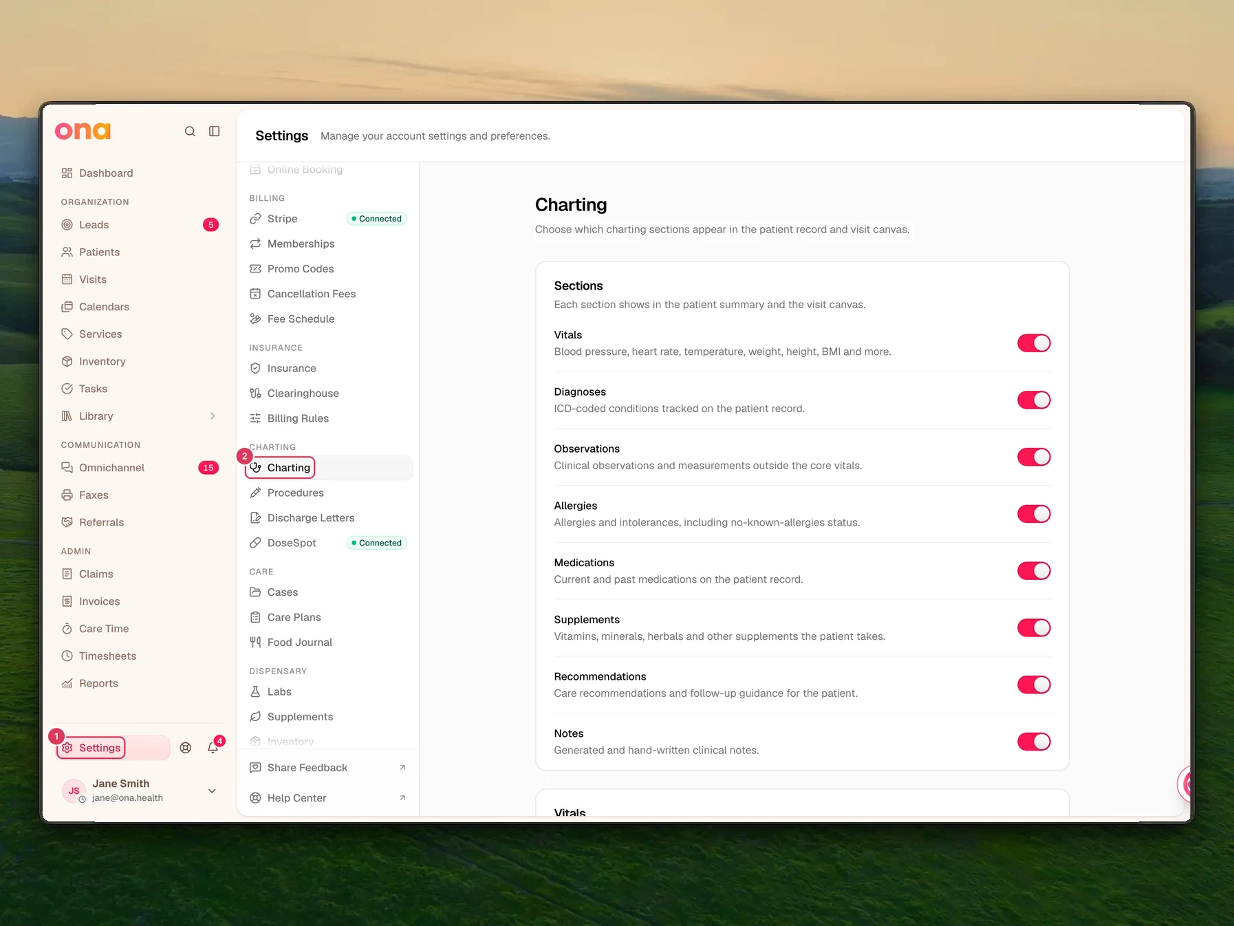 The Charting settings page shows the Charting heading, its patient record and visit canvas description, and rows for charting sections with switches such as Vitals and Supplements.