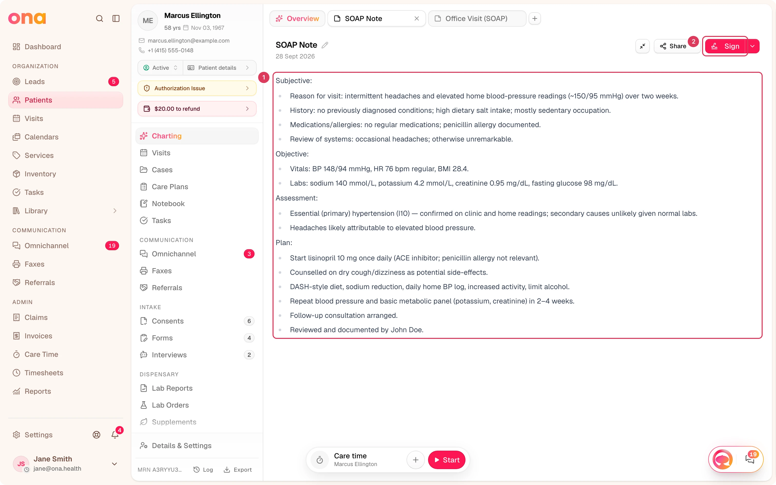 The SOAP Note editor is open on a patient chart, showing a filled draft note in an editable text box and the Sign button that should be used only after reviewing the note carefully.