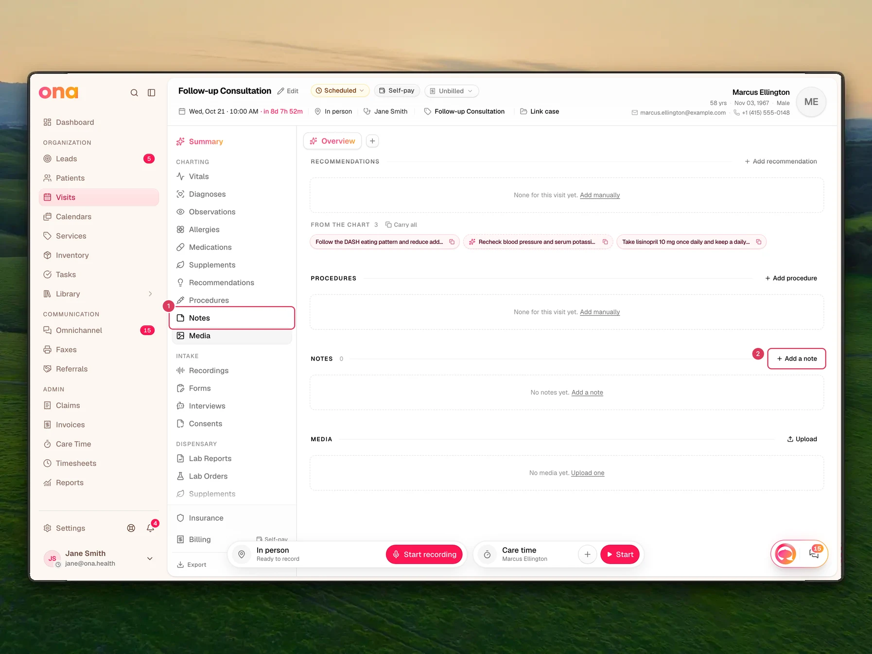 The visit page is open to the Notes section, showing an empty notes area with the Add a note button.