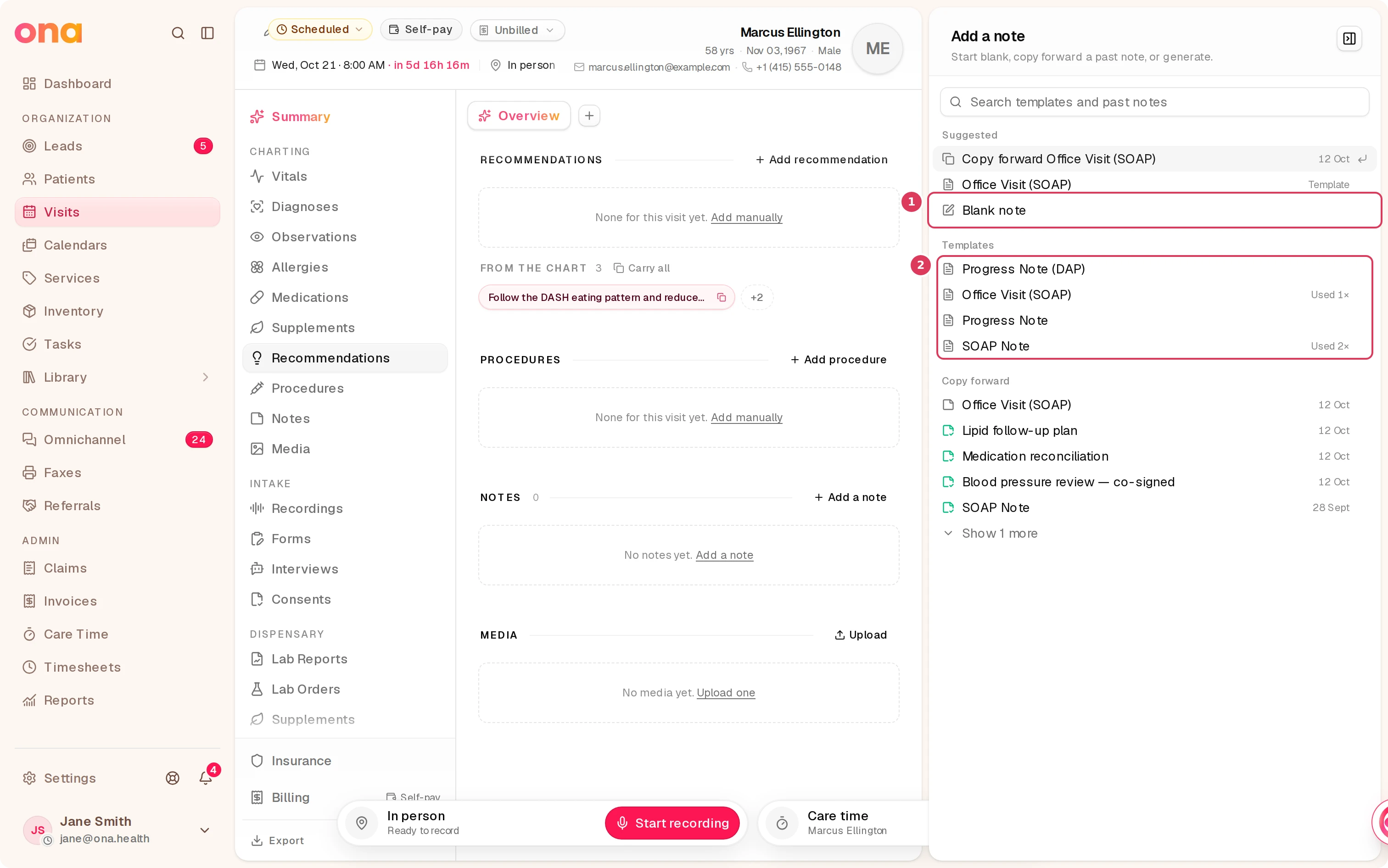 A centered Add a note dialog is open over the visit page, with a blank note option and a Templates section listing note source choices.