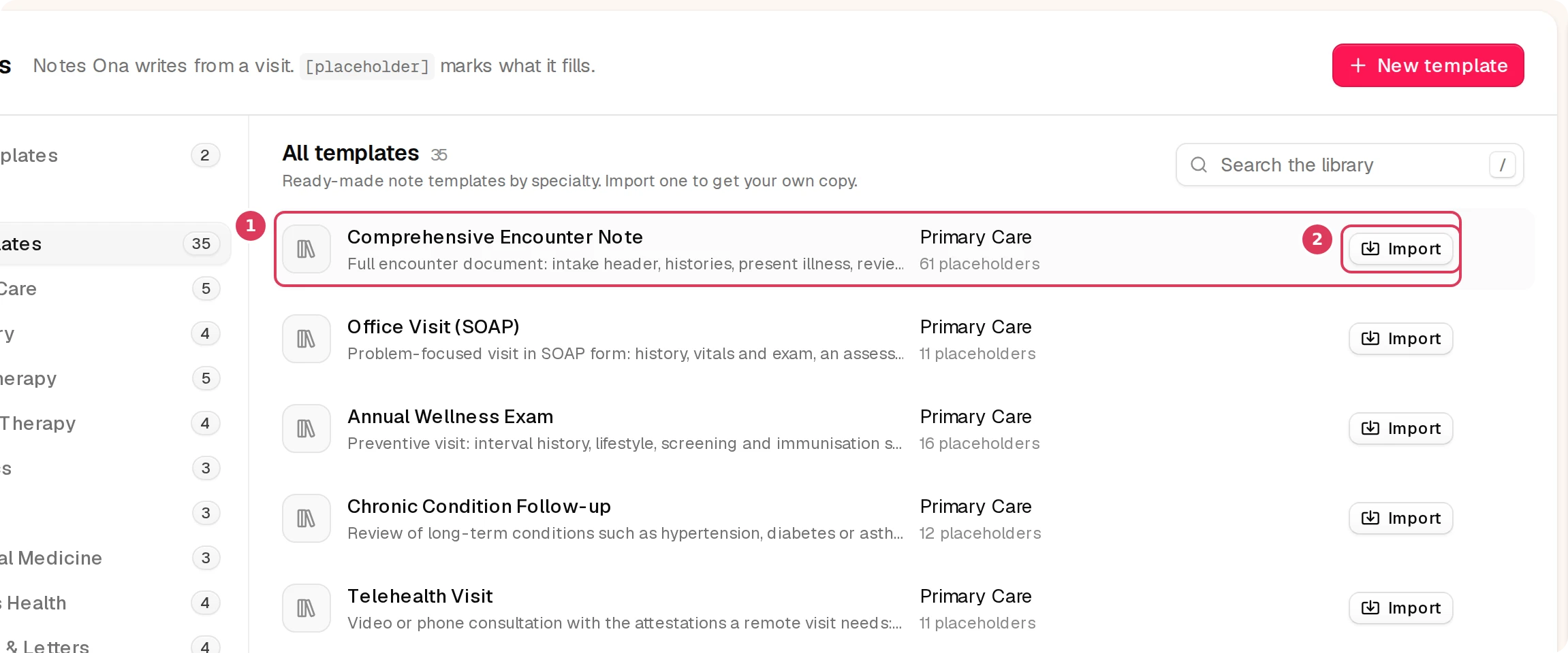The Templates library page shows the ready-made note template card for Comprehensive Encounter Note, with its description, specialty, placeholder count, and an Import action visible.