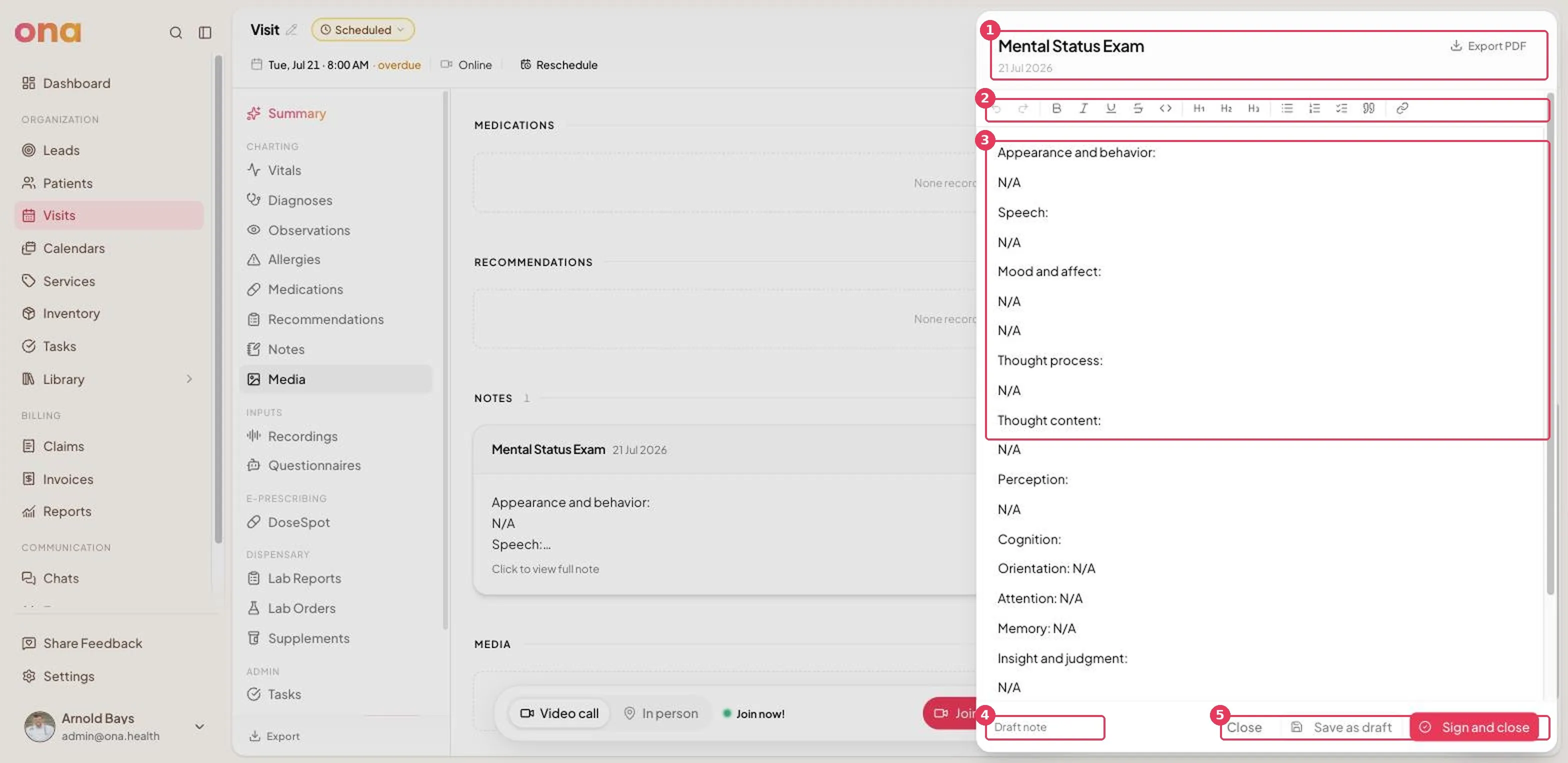 A draft note is open in the note editor, with editable note content and the draft action bar visible.
