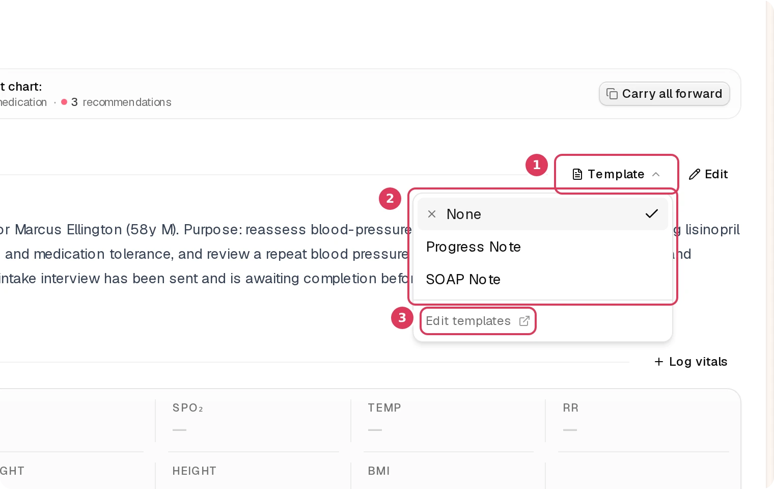 A template picker dialog is open over the visit Summary section, with the Summary template button behind it, a Suggestions listbox for choosing a template, and an Edit templates link.
