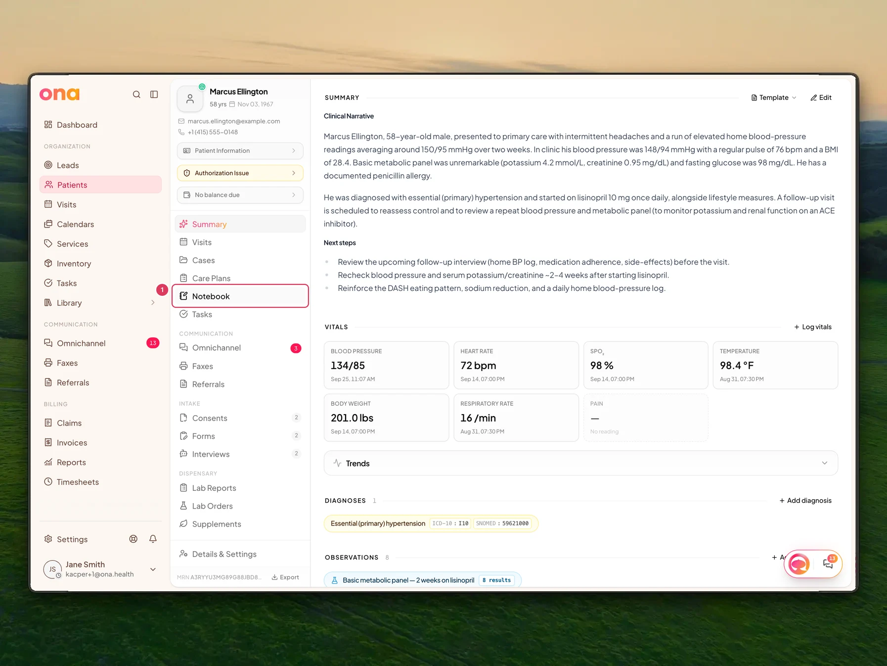 Marcus Ellington's chart is open with the left chart navigation visible and the Notebook item highlighted as the place to open patient notes.