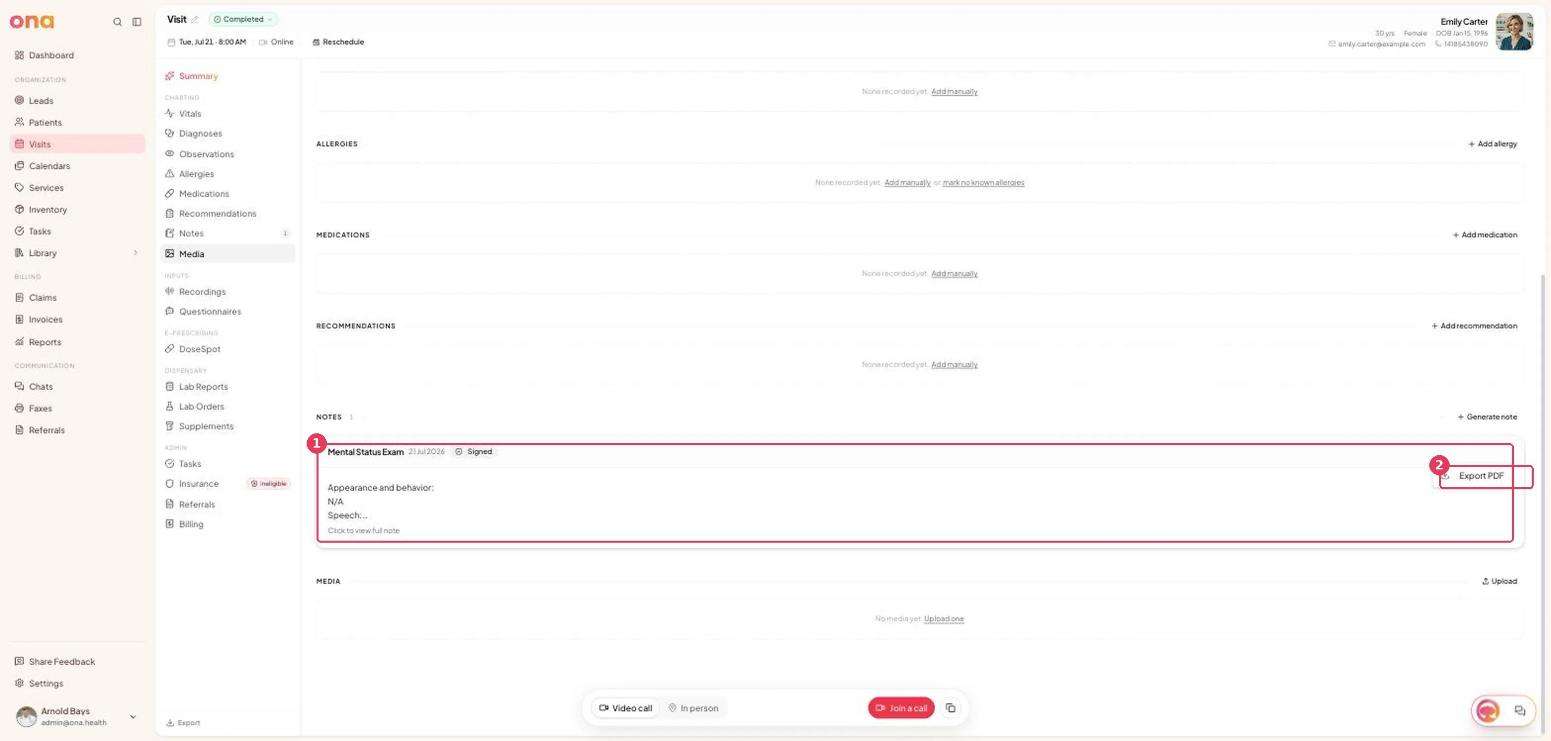 A signed note is open with its note actions menu showing sharing and export options.