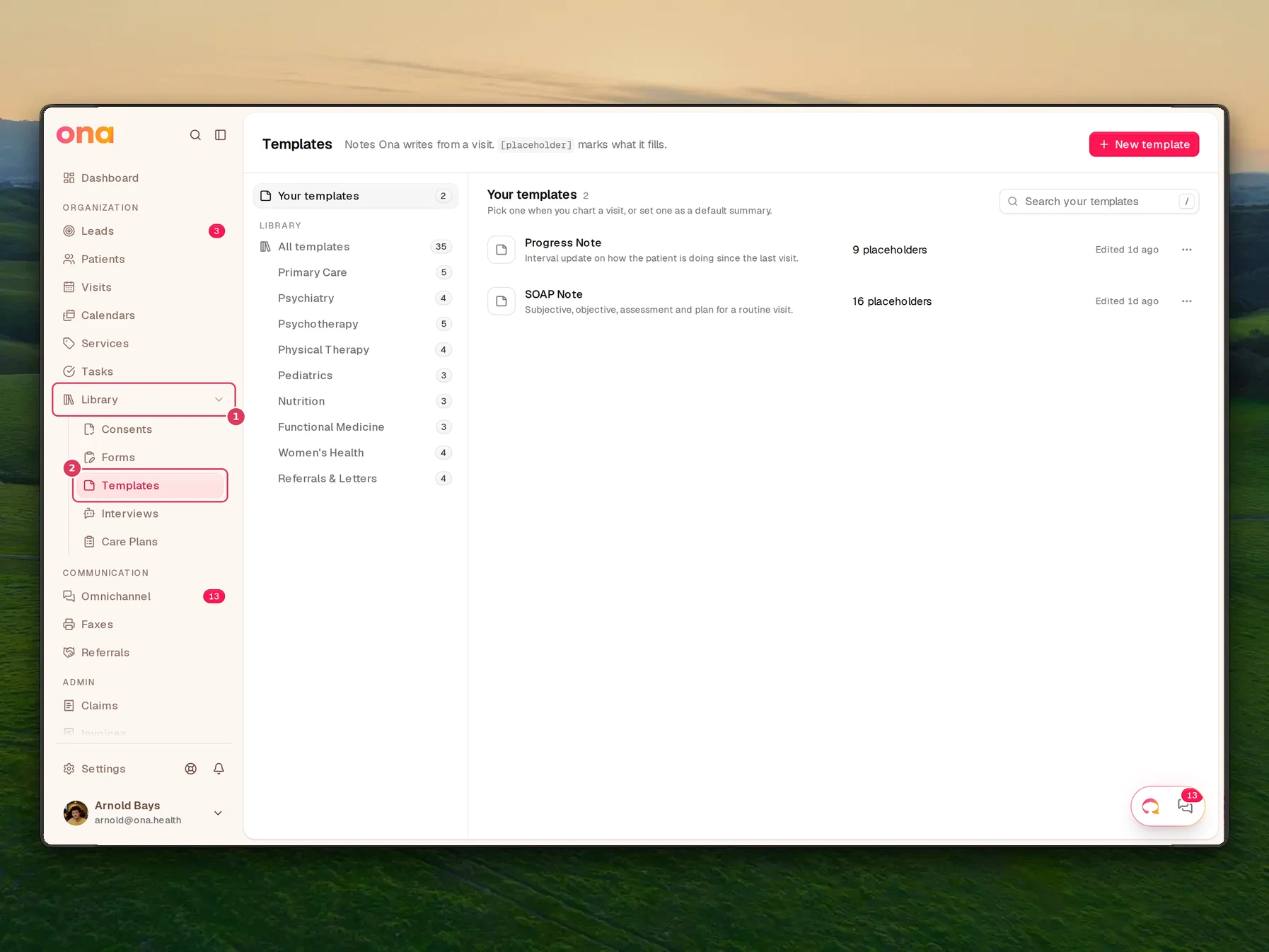 The Templates page is open in the dashboard, with the Library section expanded in the left sidebar and the Templates link selected.