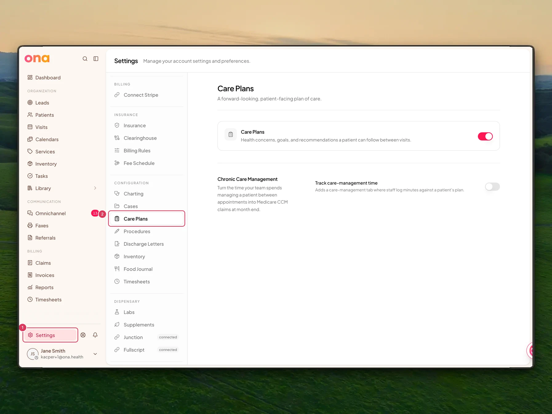 The Care Plans settings page is open with Settings highlighted in the left sidebar and the Care Plans row highlighted in the settings menu.