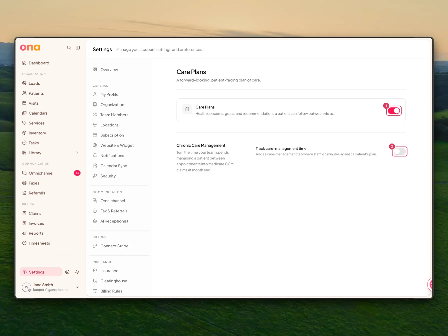 The Care Plans settings page shows the Care Plans feature gate and the Chronic Care Management option, each with its own switch.