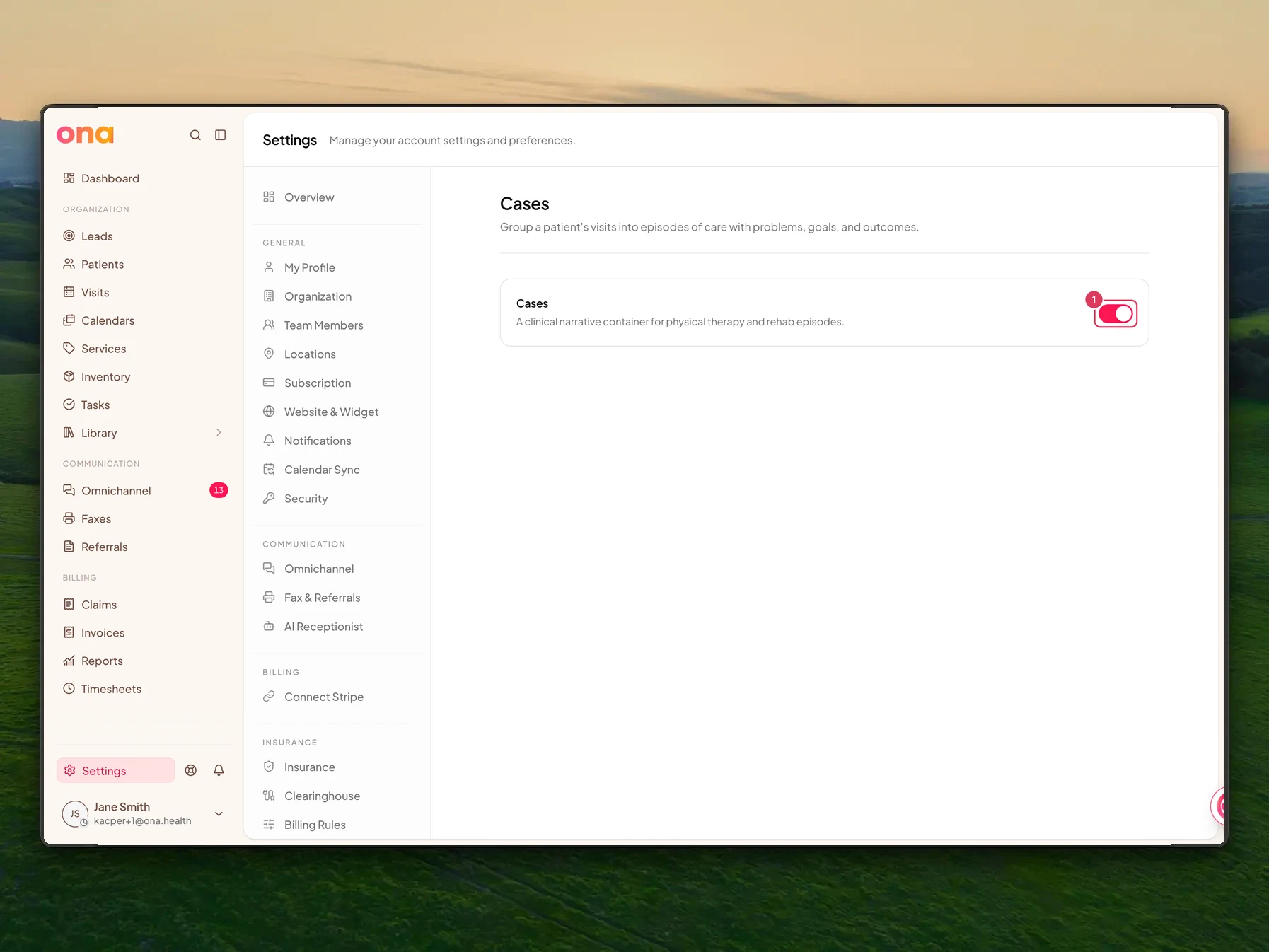 The Cases settings page shows the Cases feature gate with a switch for the clinical narrative container feature.