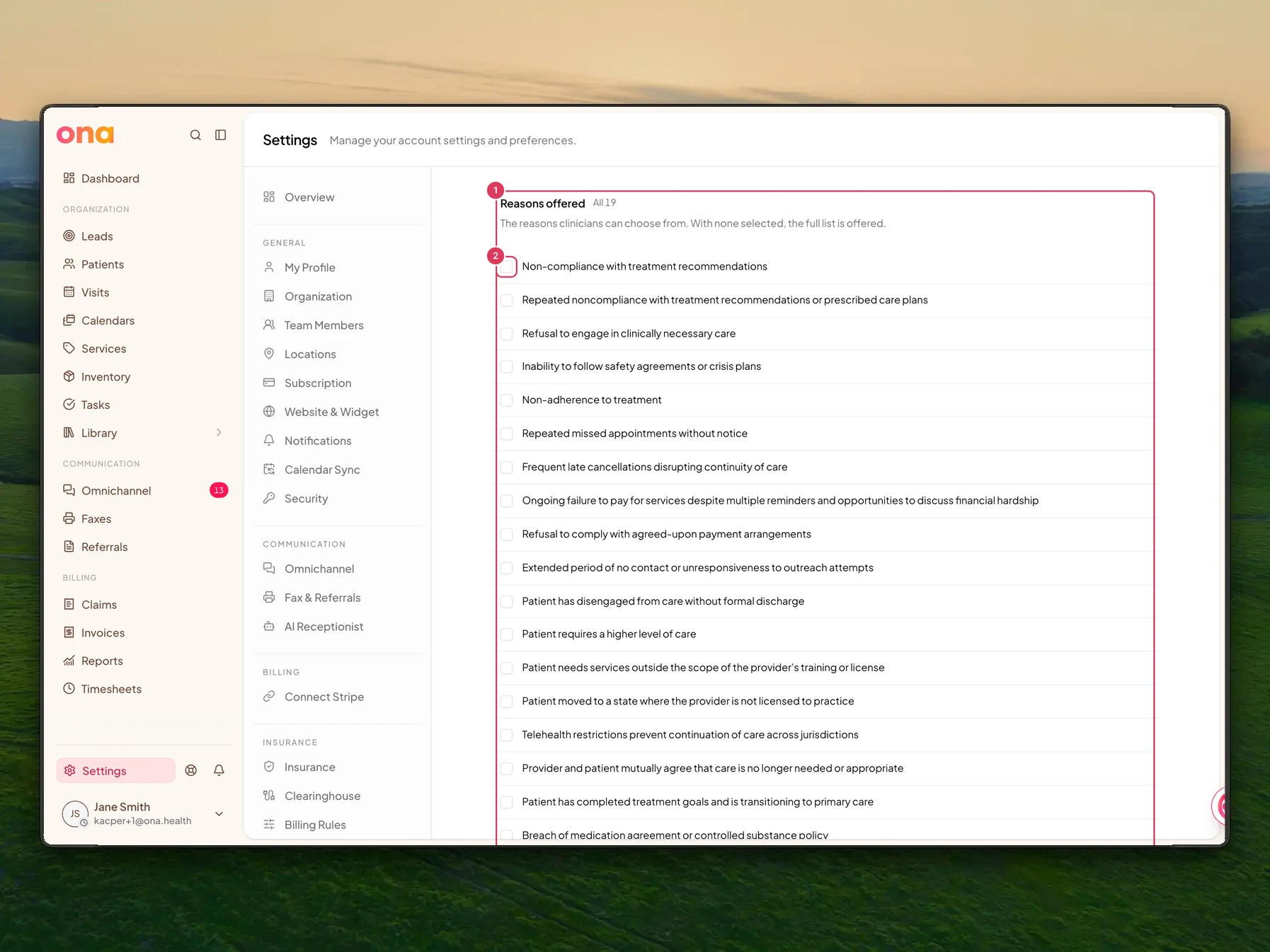 The Discharge letters settings page is scrolled to the Reasons offered section, where discharge reason checkboxes control which reasons clinicians can choose.
