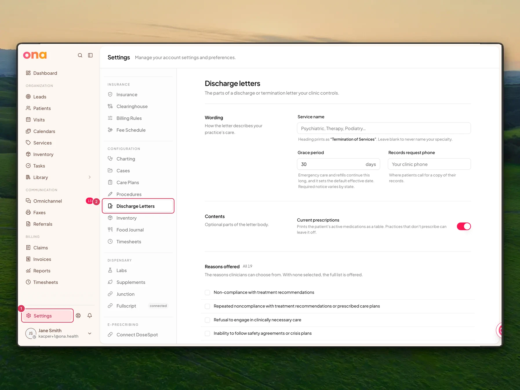 The Discharge letters settings page is open with Settings highlighted in the left sidebar and Discharge letters highlighted in the settings menu.