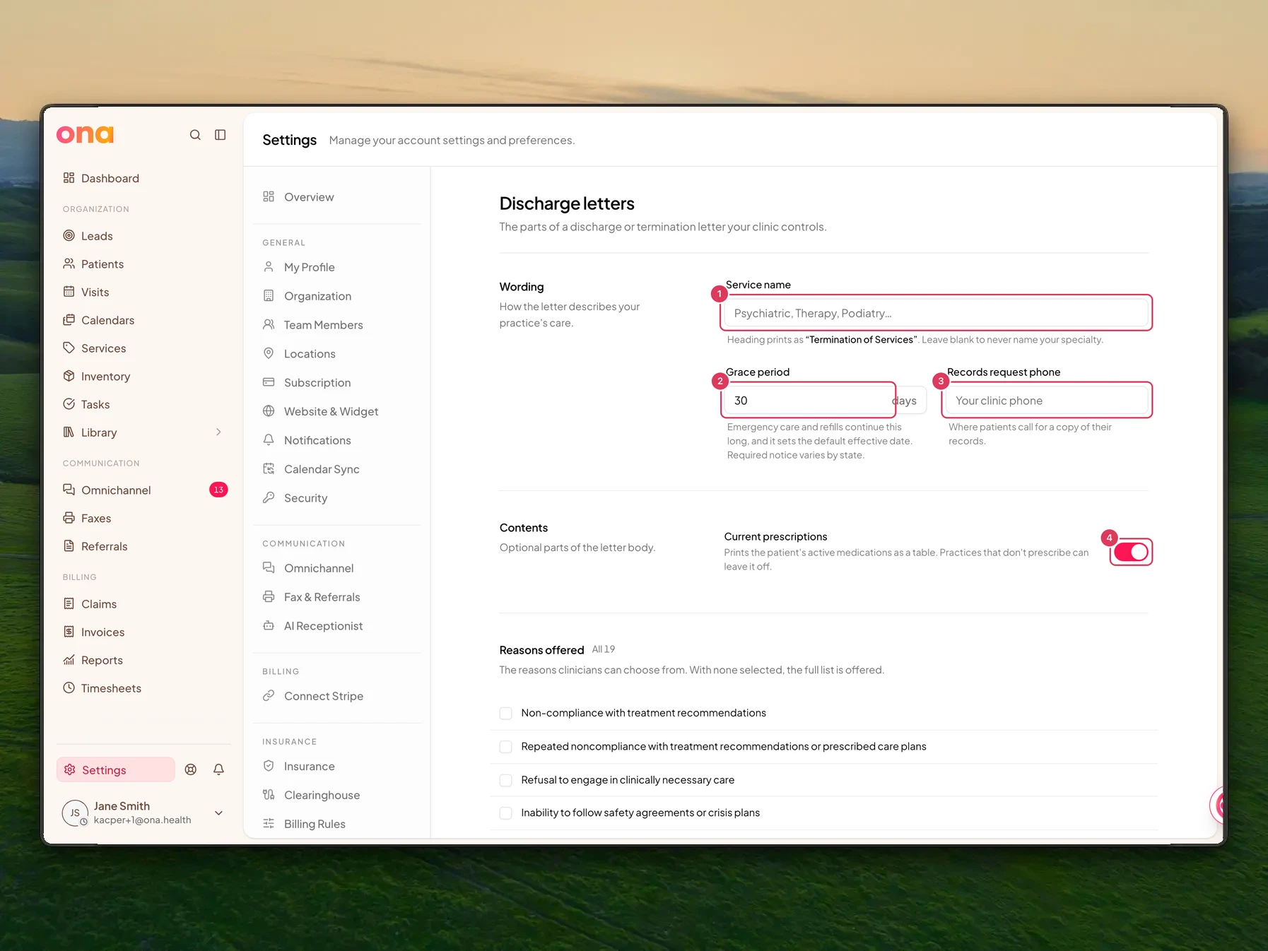 The Discharge letters settings page shows wording and contents controls, including service name, grace period, records request phone, and the Current prescriptions switch.