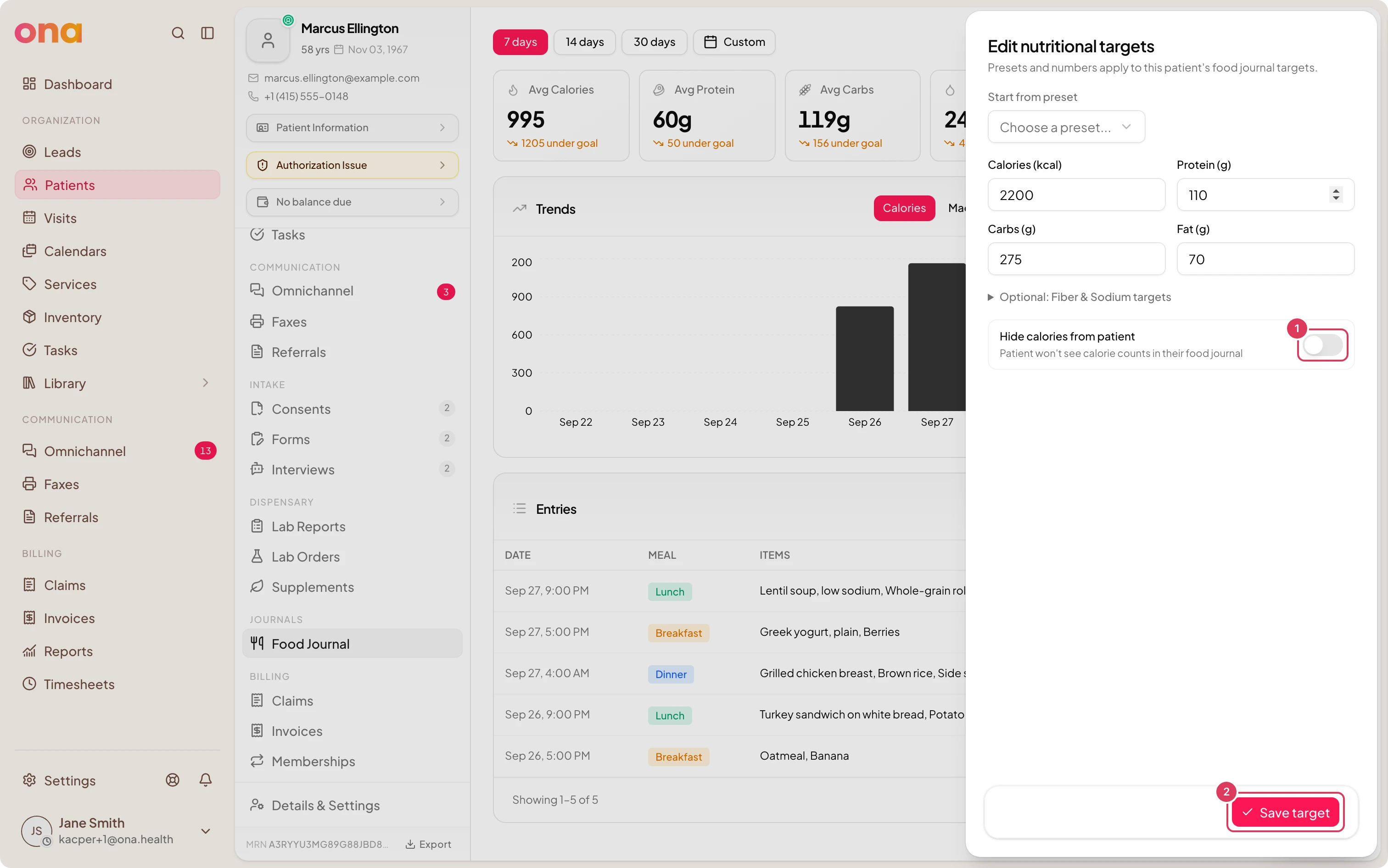 The nutritional target sheet shows the Hide calories from patient switch and the Save target button used to apply the patient visibility setting.