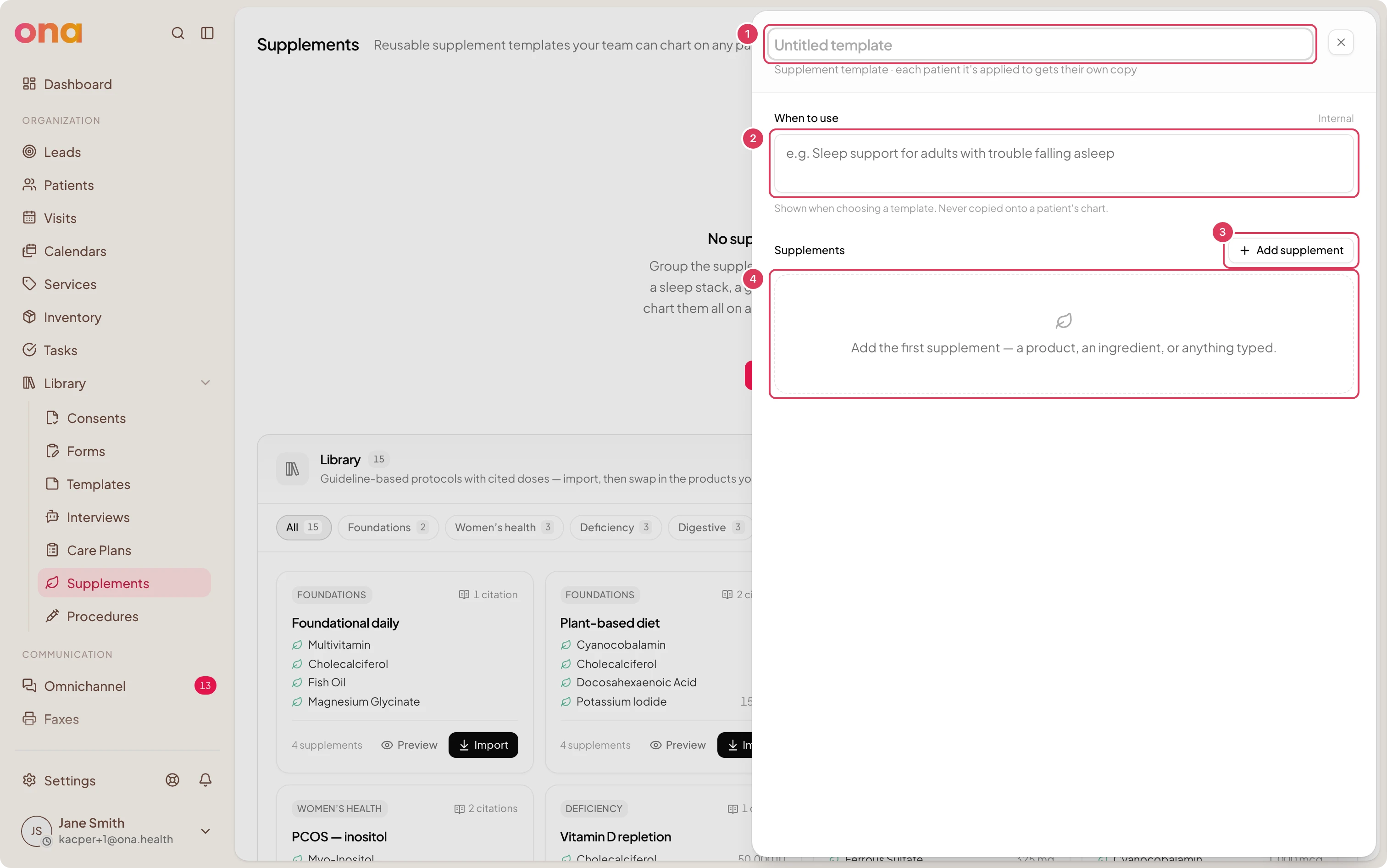 The New supplement template dialog is open with fields for Template name and When to use, plus controls to add supplements.
