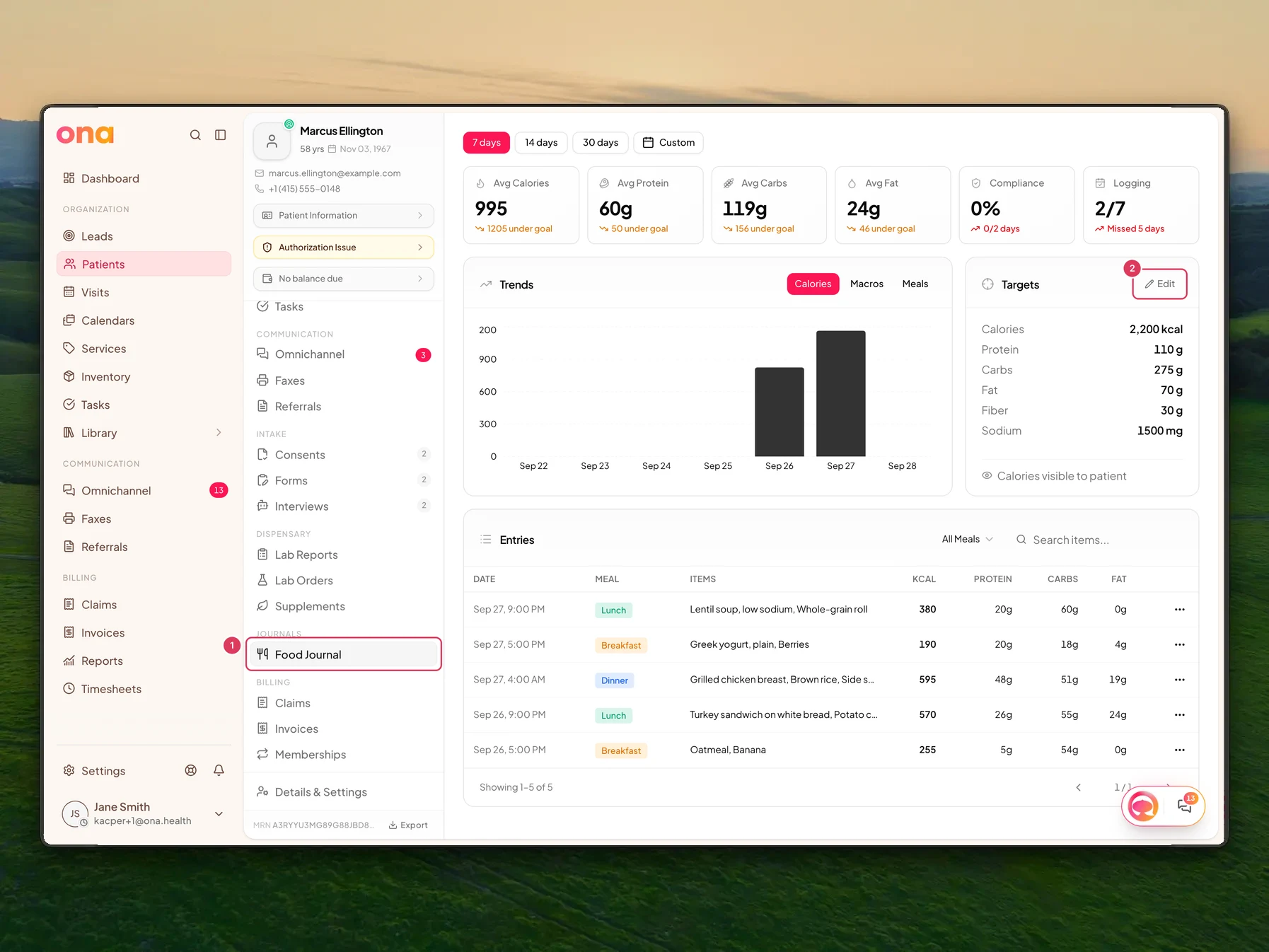 Marcus Ellington's patient chart is open on the Food Journal page, with the Food Journal chart tab and the Targets card Set or Edit button highlighted.
