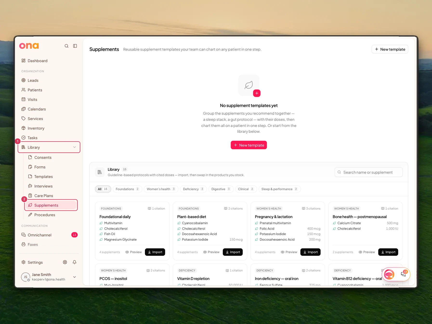 The Supplement Templates page is open with the Library area in the left sidebar and Supplements selected.